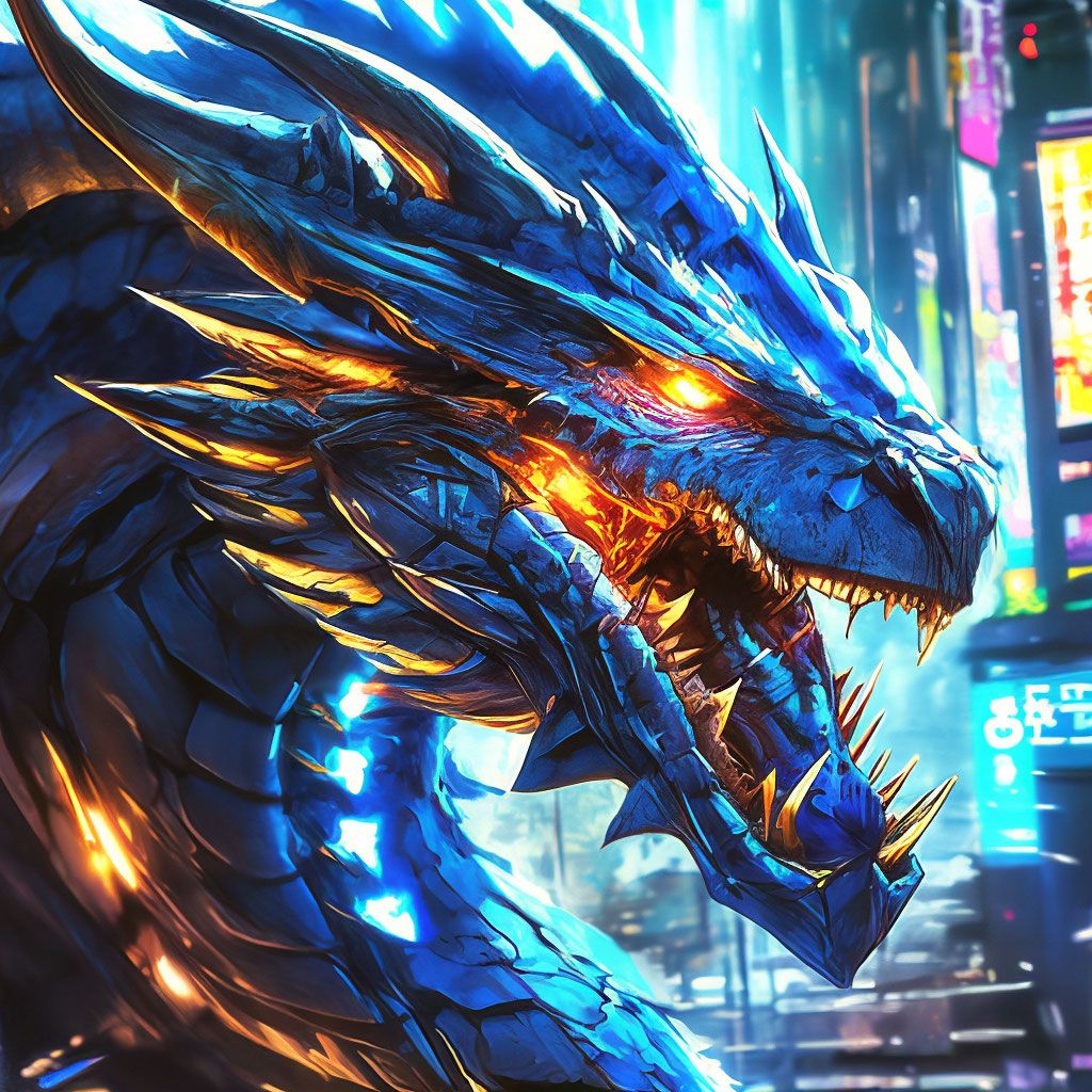 1024x1024 Fantastic dragon digital dragon cyber city cyberpunk dragon deep blue eyes