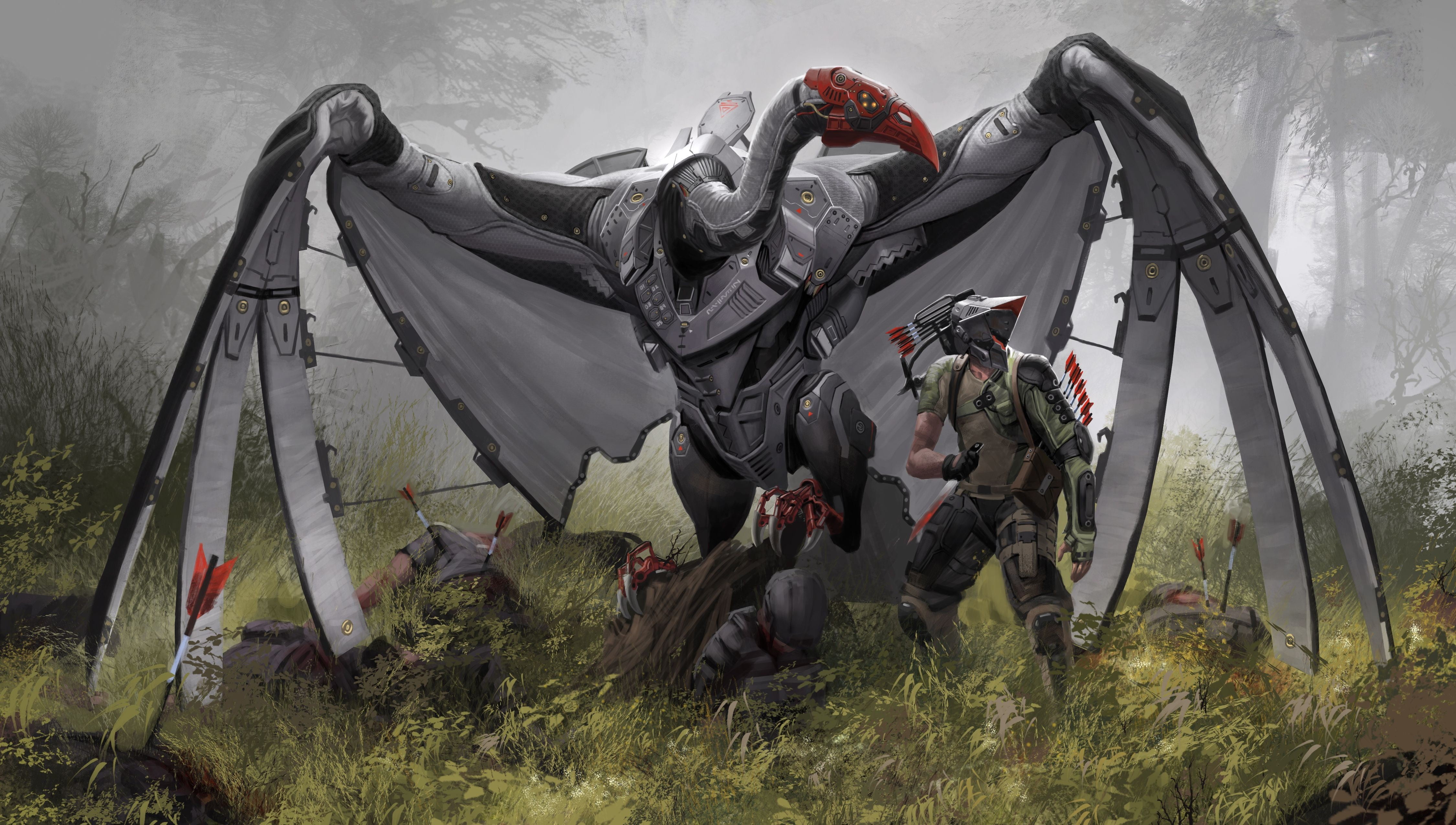 4500x2550 Gray dragon illustration, science fiction, artwork, cyborg, futuristic HD wallpaper