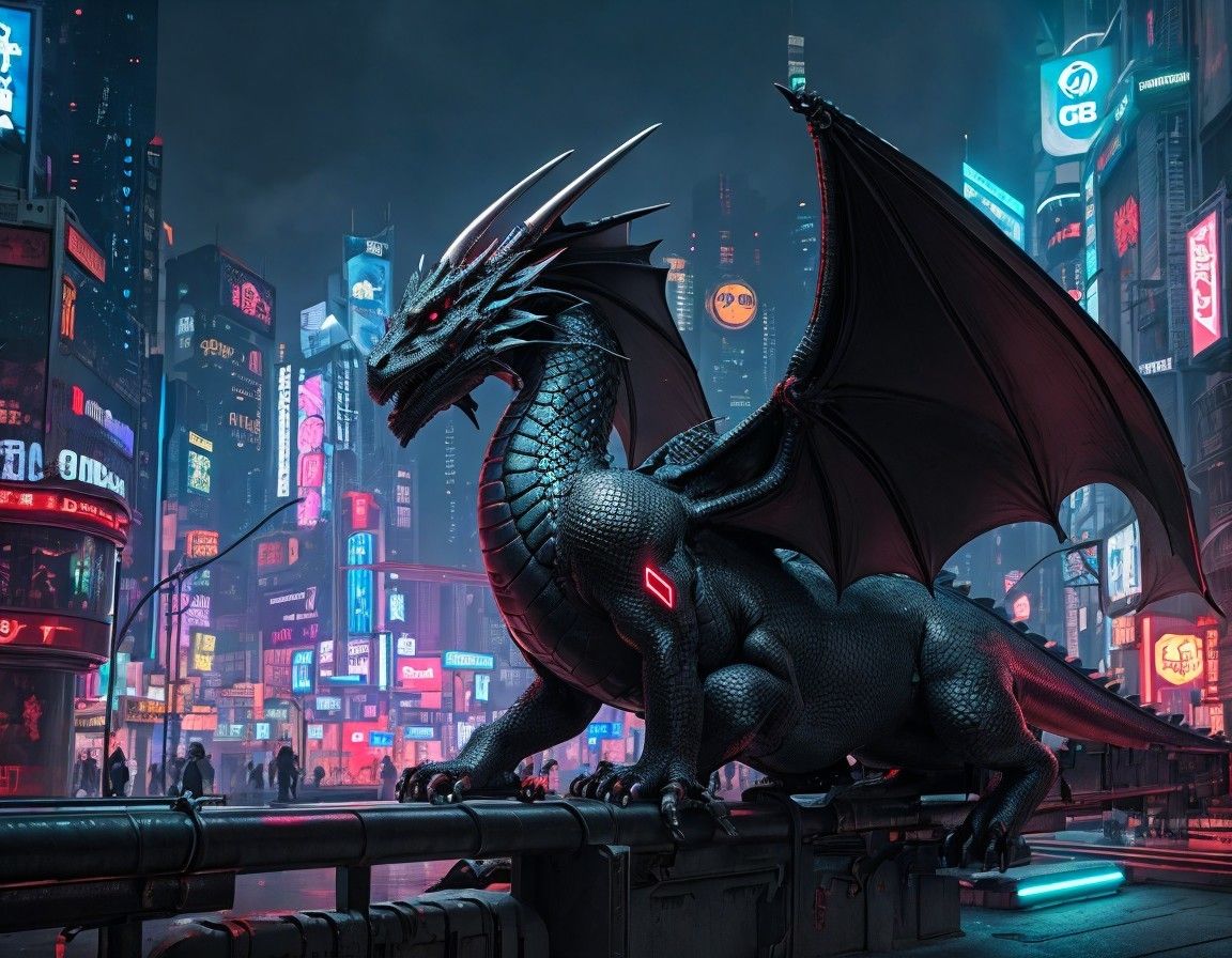 1152x896 Black Dragon Overlooks Futuristic Cyberpunk Cityscape. Deep Dream Generator
