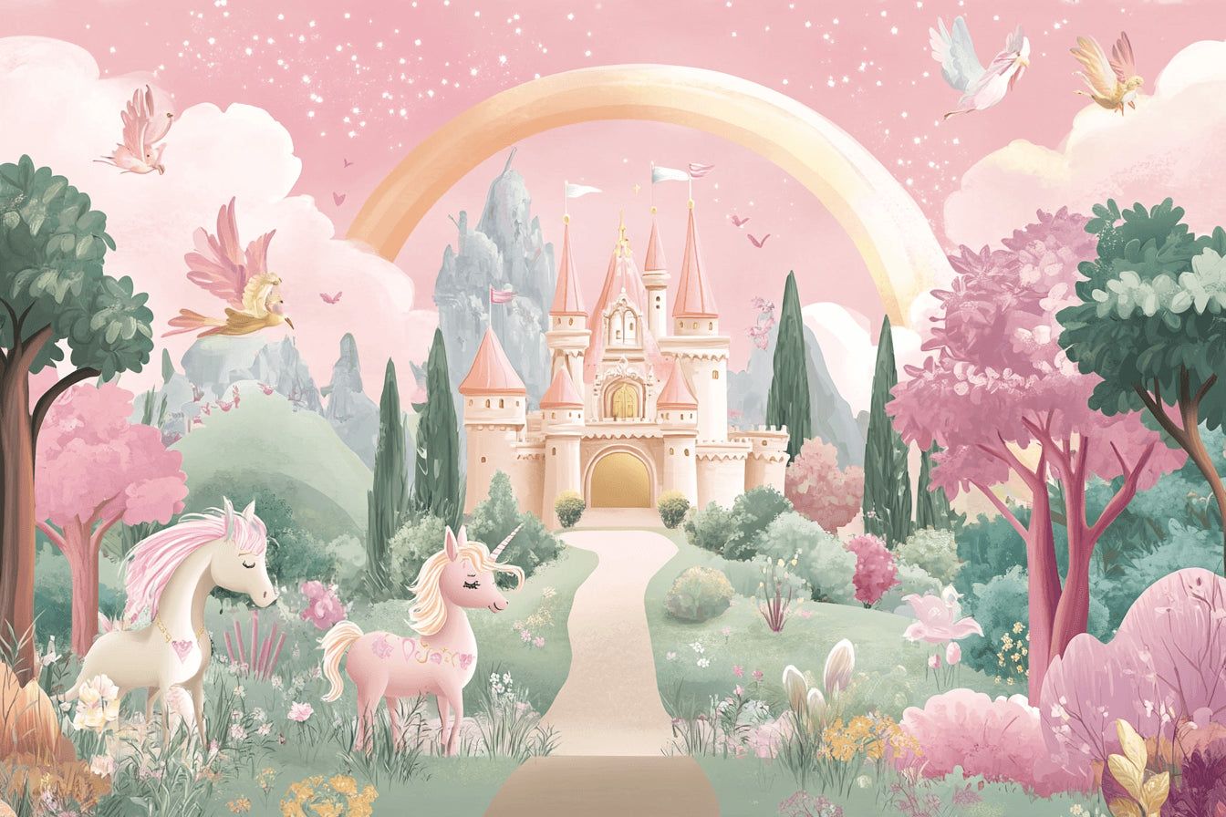 1344x896 Princess Castle Mural Wallpaper. Enchanted Kingdom with Rainbow and Unicorns