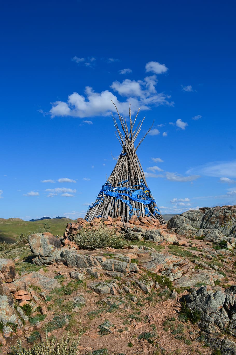 910x1365 HD wallpaper: shamanism, mongolia, ovoo, mongolian shamanism, sky, blue, cloud