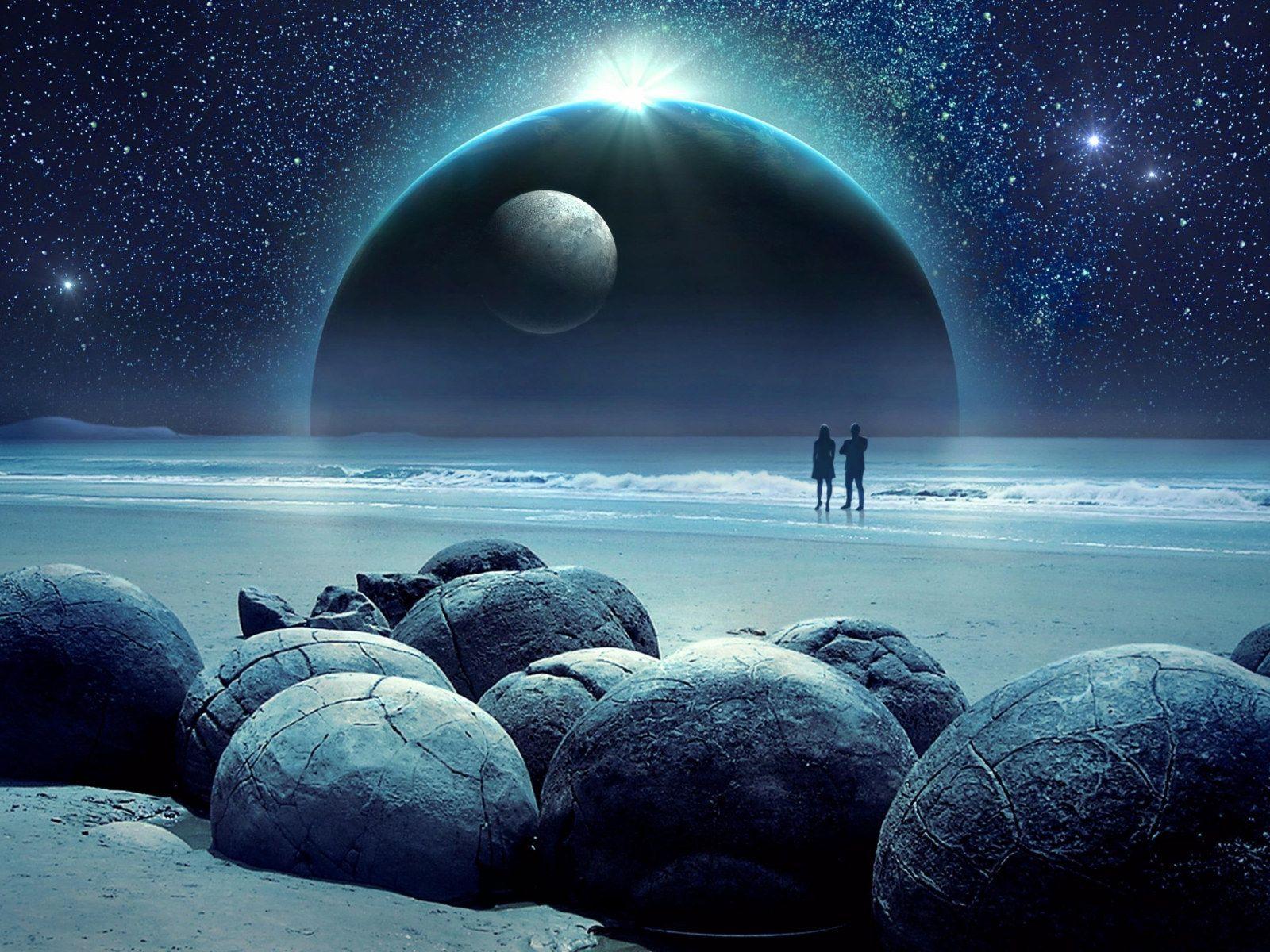 1600x1200 Blue landscape wallpaper, starry sky, stars, night sky, bluish, sea, sphere • Wallpaper For You HD Wallpaper For Desktop & Mobile