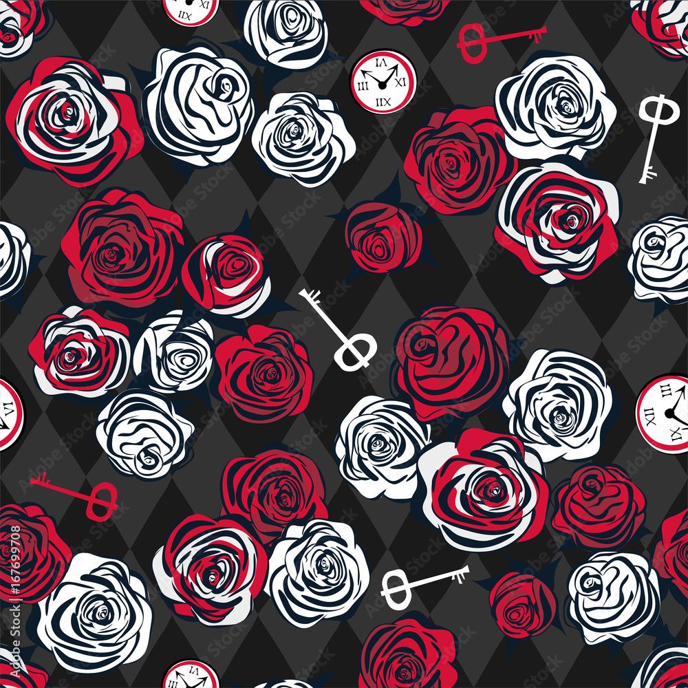 1000x1000 Vetor Red and white roses, key and clock on chess background. Seamless pattern. Alice in Wonderland background, wallpaper. Vector illustration do Stock