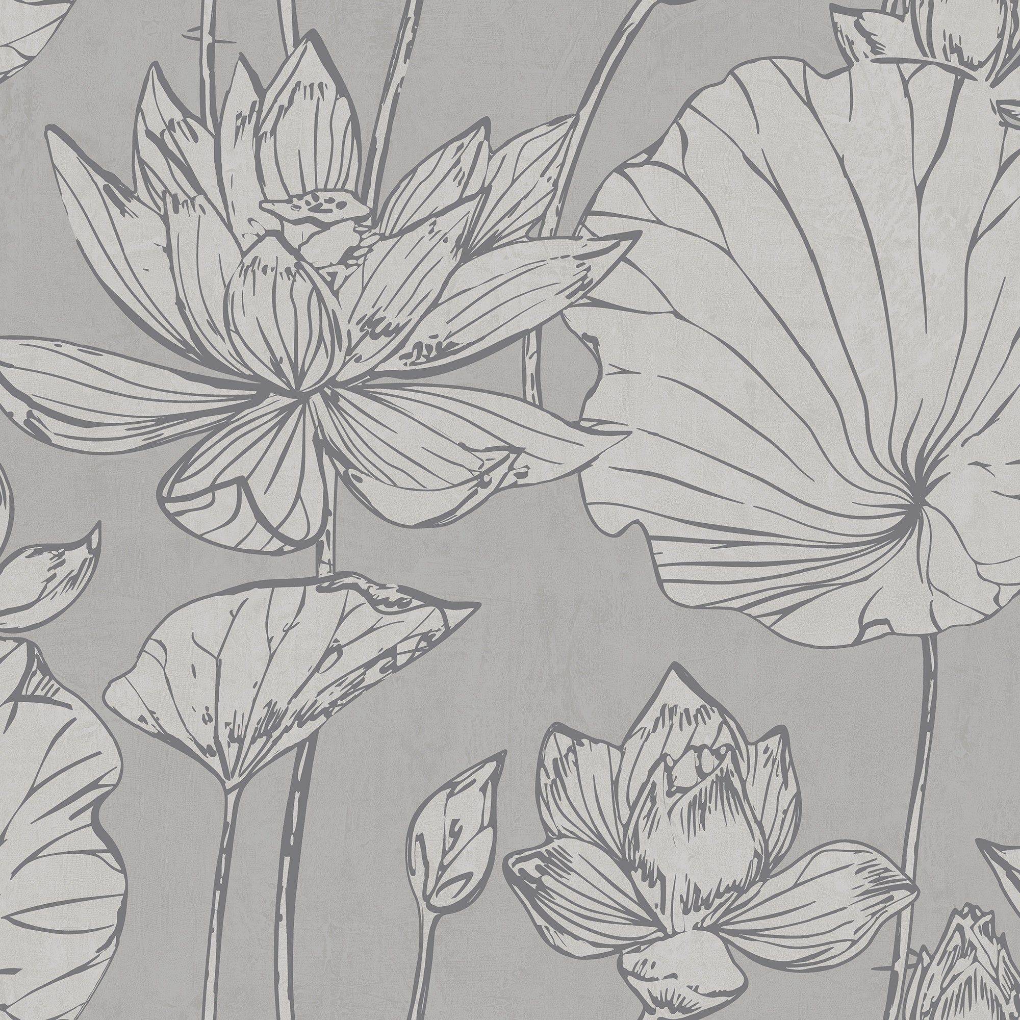 2000x2000 Metallic Lotus Floral Wallpaper, 27 feet long X 27 inchs Wide, Metallic Silver and Gray Sale