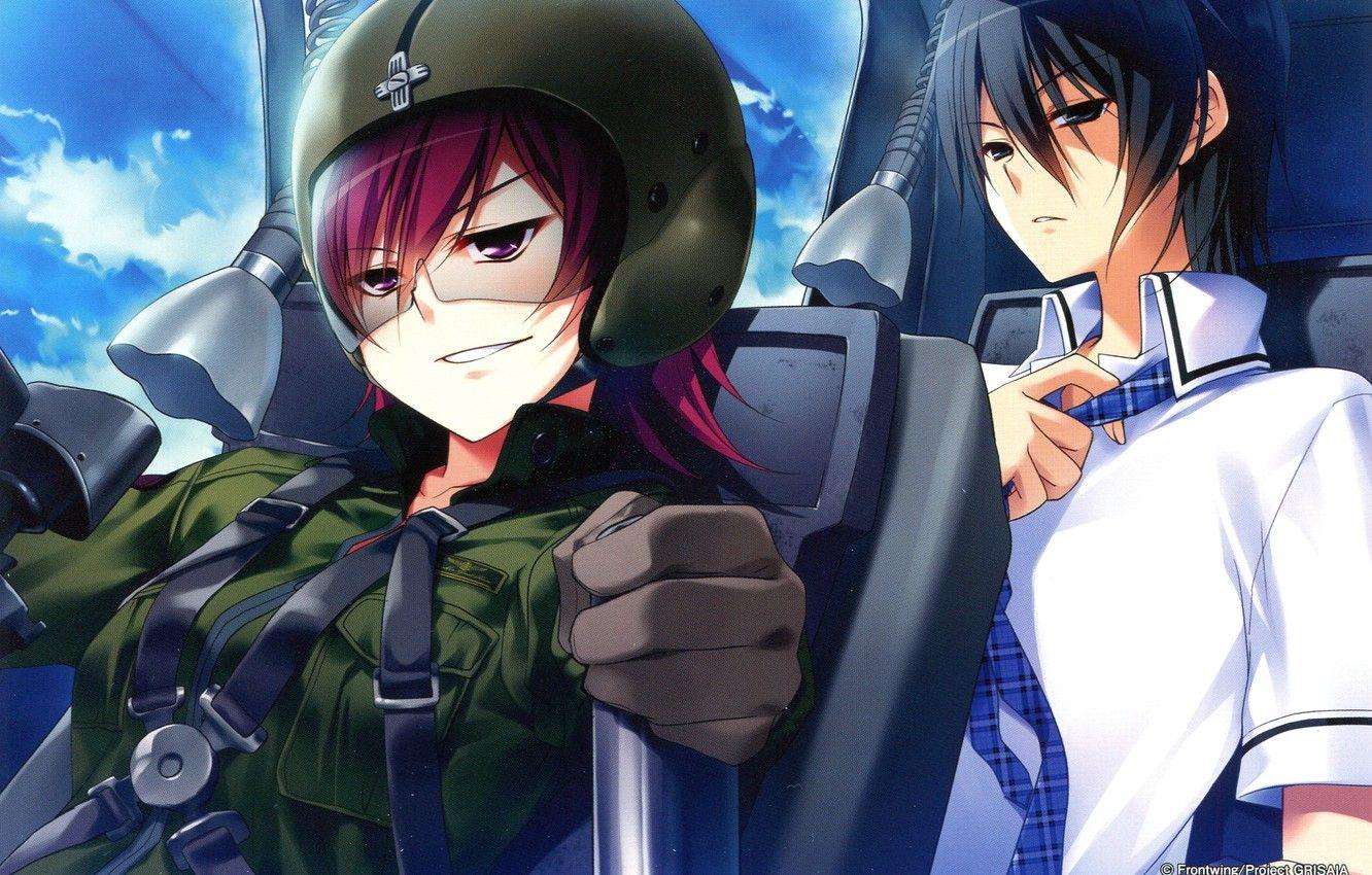 1332x850 Wallpaper chair, tie, helicopter, helmet, guy, two, grin, grisa of no kajitsu, straps, yuuji kazami, mariera stanfield image for desktop, section прочее
