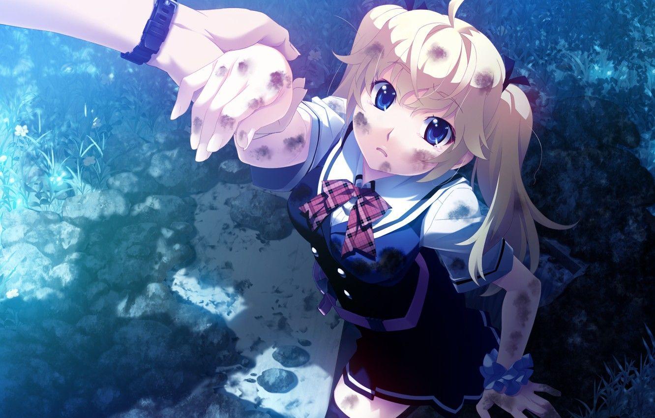 1332x850 Wallpaper night, hands, help, tears, schoolgirl, salvation, blue eyes, two, bow, art, grisa of no kajitsu, two tails, yuuji kazami, fumio, michiru matsushima image for desktop, section сёнэн
