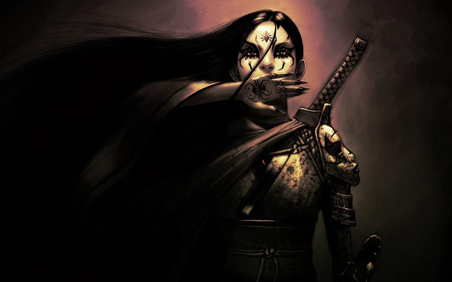 1440x900 Wallpaper girl, samurai, tattoos, hand, sword. Prima facie