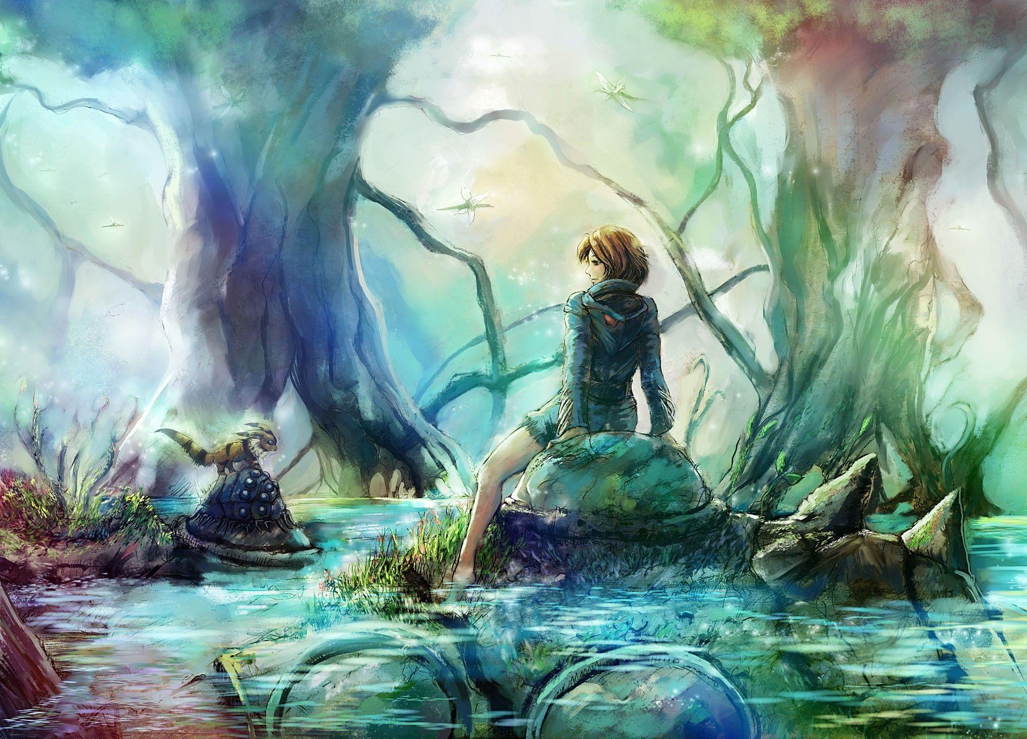 2008x1446 Download Wallpaper, Download legs water nature hayao miyazaki feet brown barefoot sitting backview drawings studio ghibli anime m Wallpaper –Free Wallpaper Download