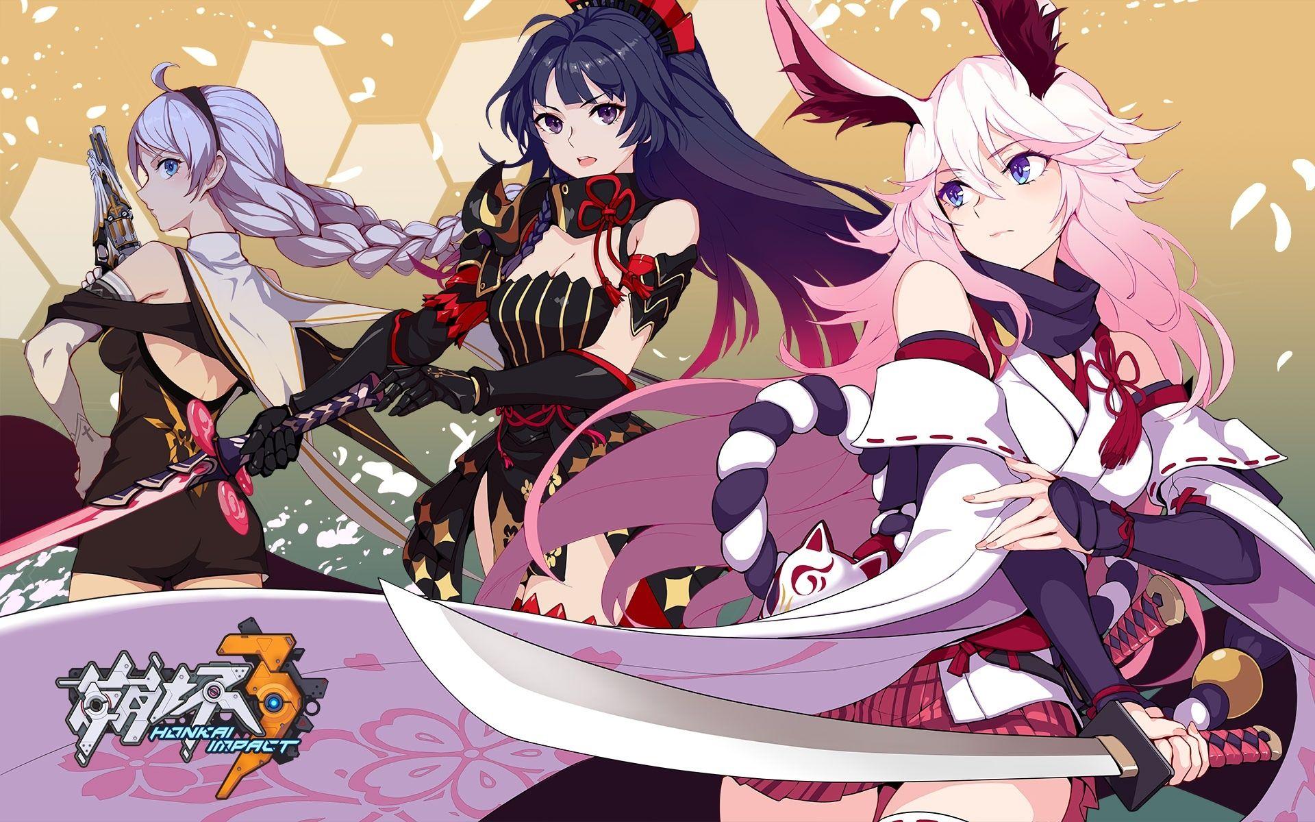 1920x1200 Wallpaper Raiden Mei, Guns Girl, Anime Style Game, Long Hair, Gloves