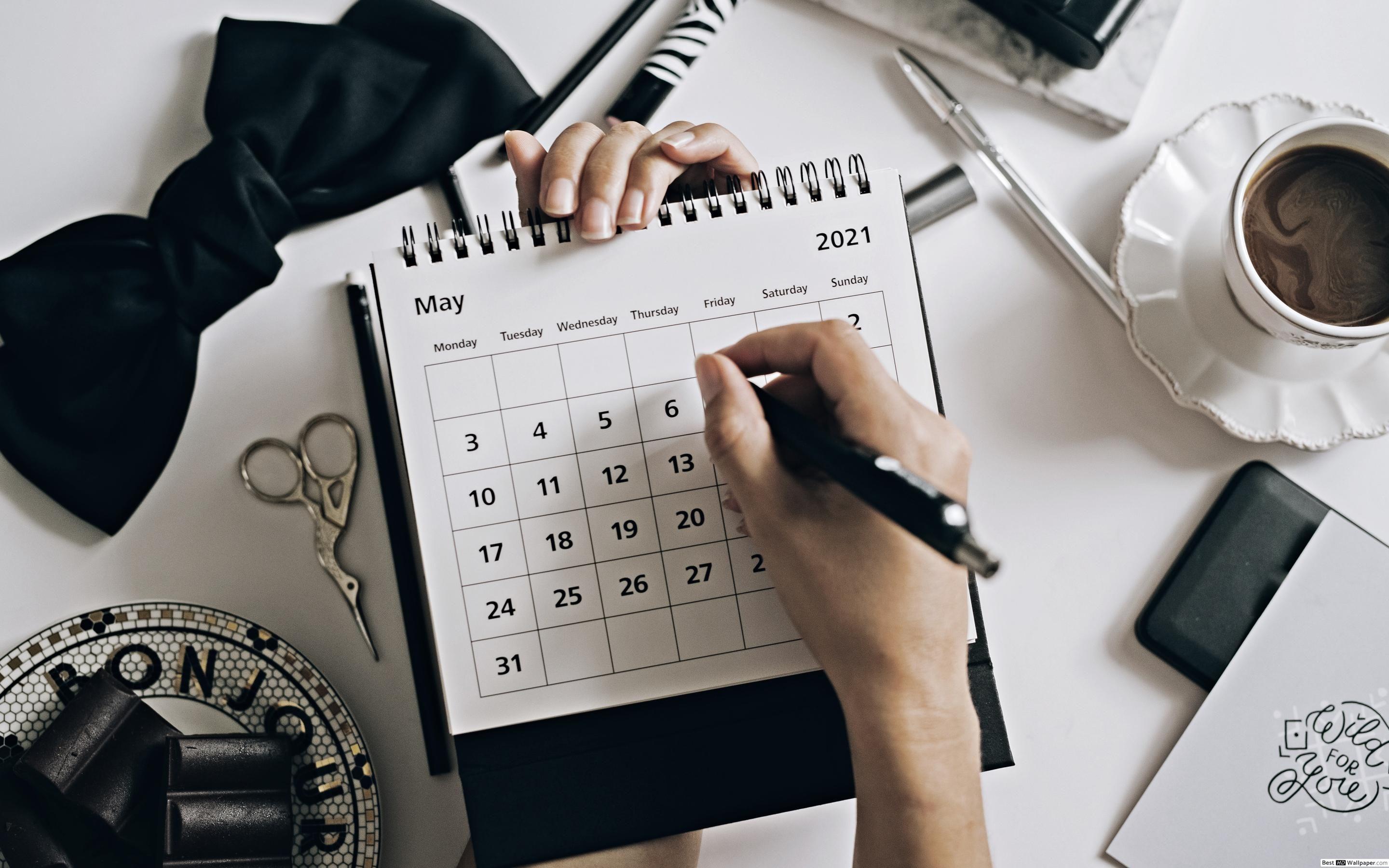 2880x1800 Marking the calendar for 2021 agenda with chocolate and coffee HD wallpaper download