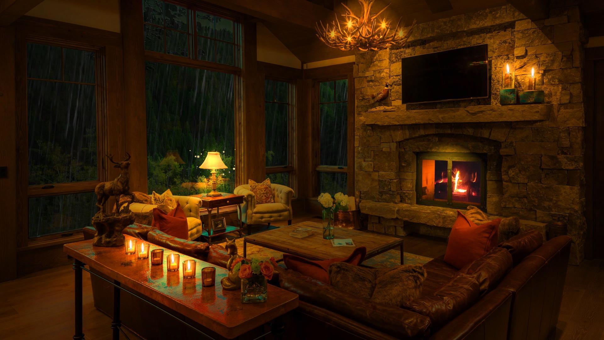 cozy living room at night