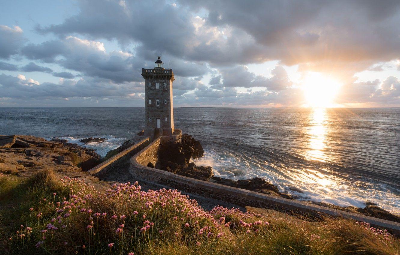 1332x850 Wallpaper sunset, flowers, the ocean, coast, France, lighthouse, France, The Atlantic ocean, Brittany, Brittany, Atlantic Ocean, Le Conquet, Seaside thrift, Le Conquet, Kermorvan Lighthouse, Bay of Brest image for desktop, section пейзажи