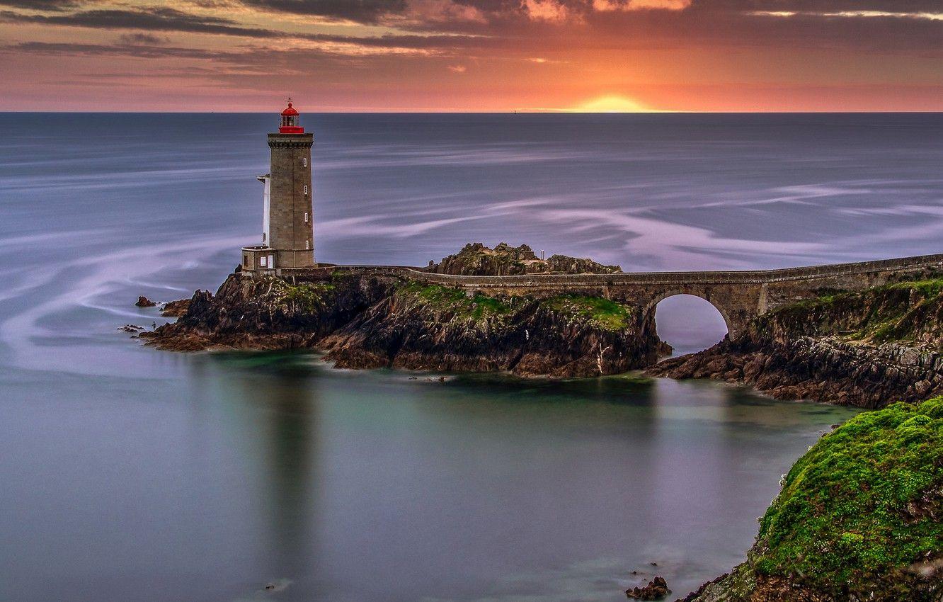 1332x850 Wallpaper sea, sunset, France, lighthouse, France, Brittany, Plusone, Lighthouse Petit Mine, Plouzané, Petit Minou Lighthouse, Пролив Гуле де Брест, Goulet de Brest, Брнтань image for desktop, section пейзажи