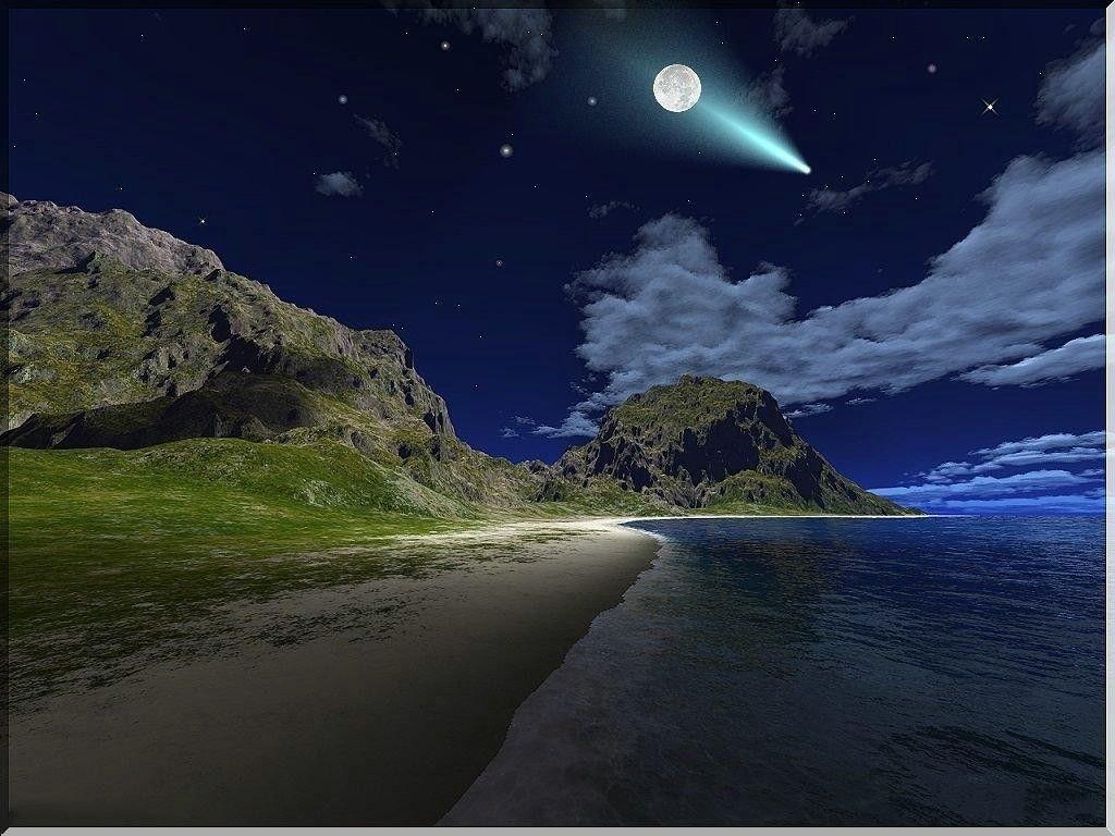 1024x768 Sky: MOONLIGHT COMET Stars Clouds Sky Moon Night Beach Full HD