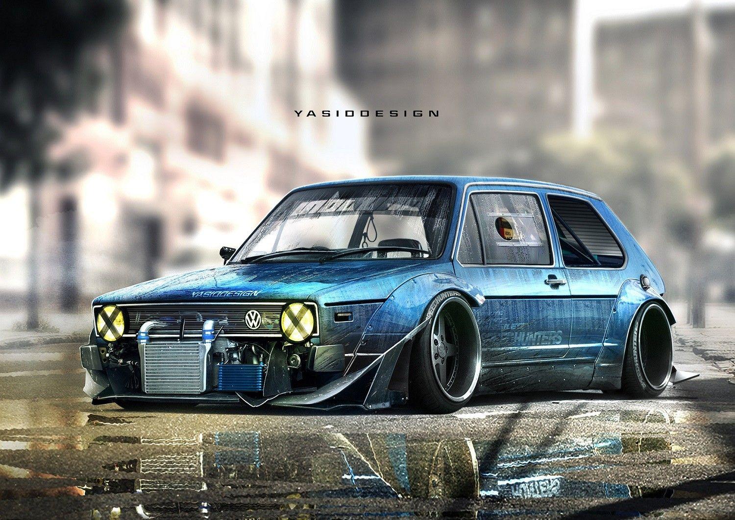 1500x1062 yasiddesign car render artwork tuning volkswagen golf volkswagen golf mk1 yellow headlights taped headlights wallpaper