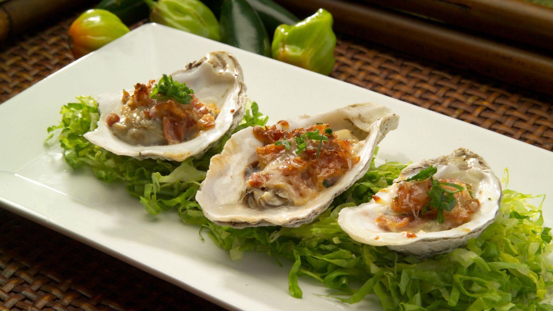 1920x1080 Wallpaper Oysters, Bacon, Cheese, Lettuce, Meal, Gourmet Long Bay Oysters