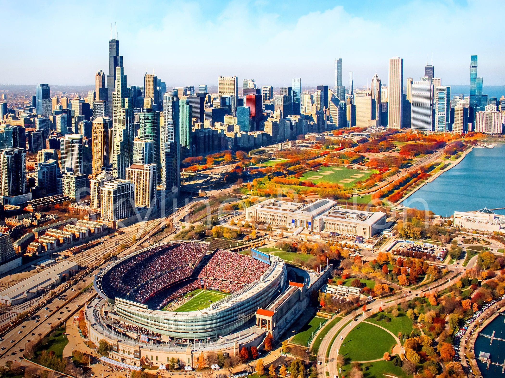 2100x1575 Chicago Skyline Soldier Field Autumn Aerial original photograph Art Fall Football Photo