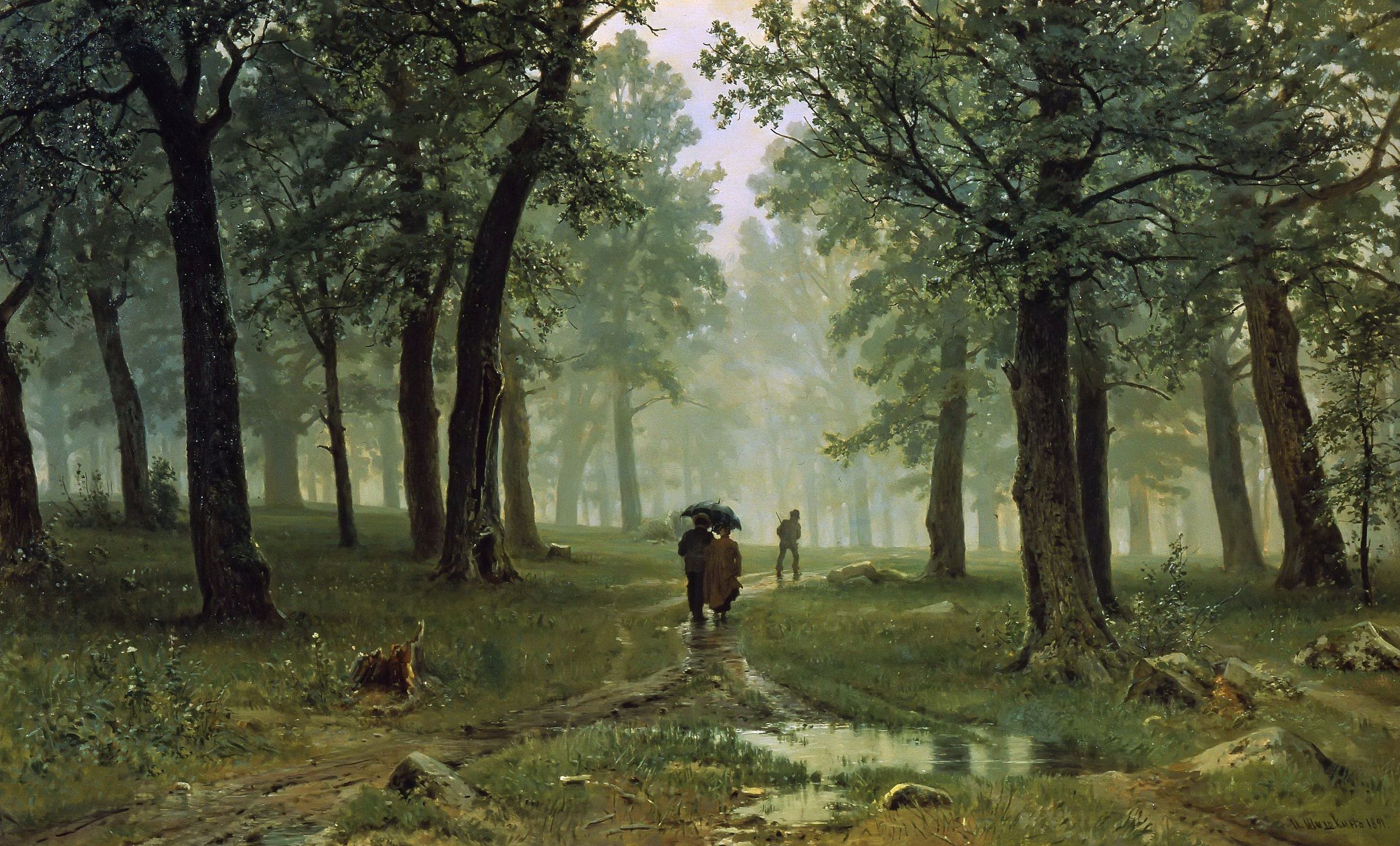 2880x1740 Wallpaper landscape, people, picture, umbrella, Ivan Shishkin, Rain in an Oak Forest for mobile and desktop, section живопись, resolution 2880x1740