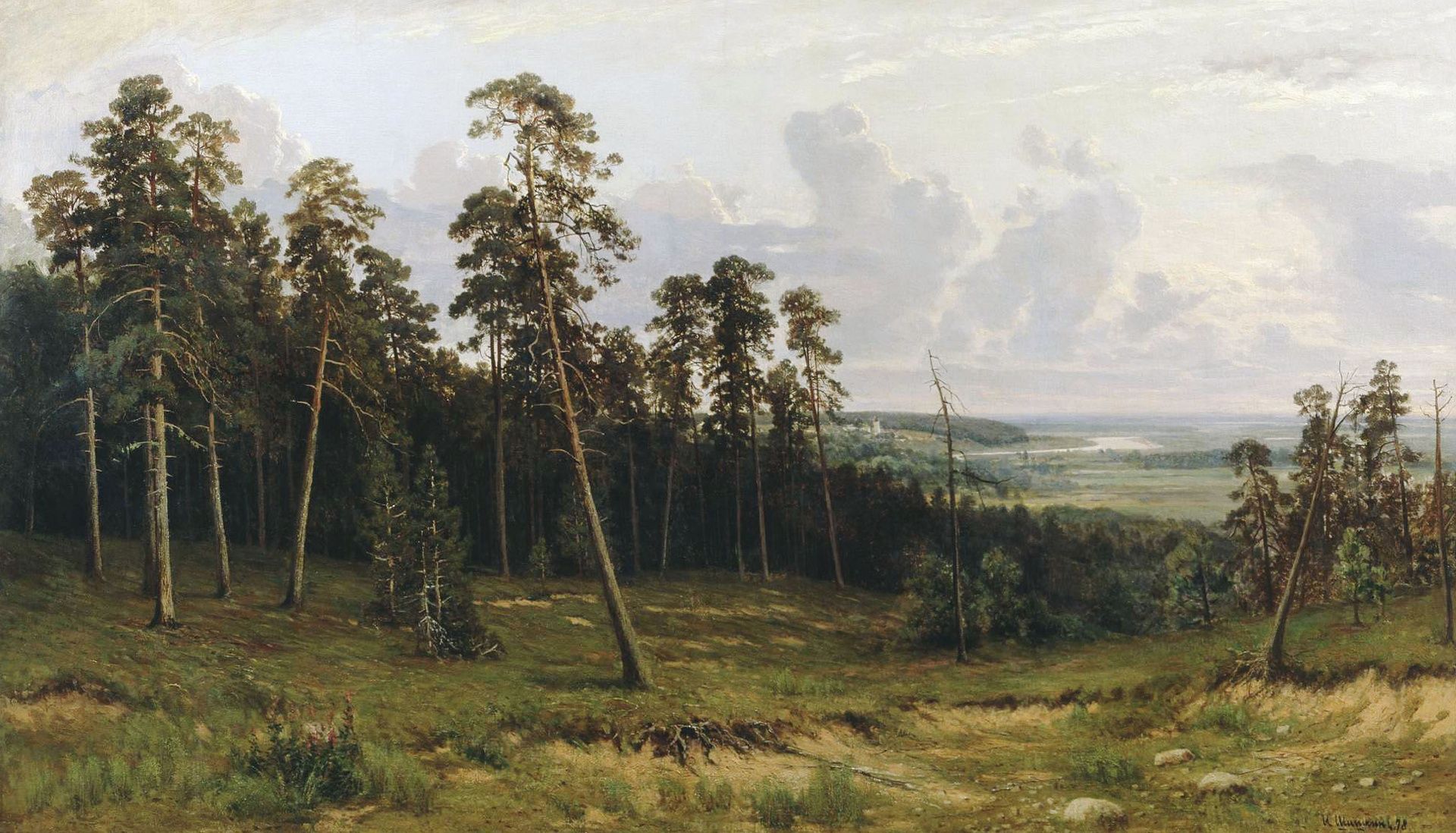1920x1098 Wallpaper forest, trees, landscape, oil, picture, canvas, the edge of the forest, Ivan Shishkin for mobile and desktop, section живопись, resolution 1920x1098