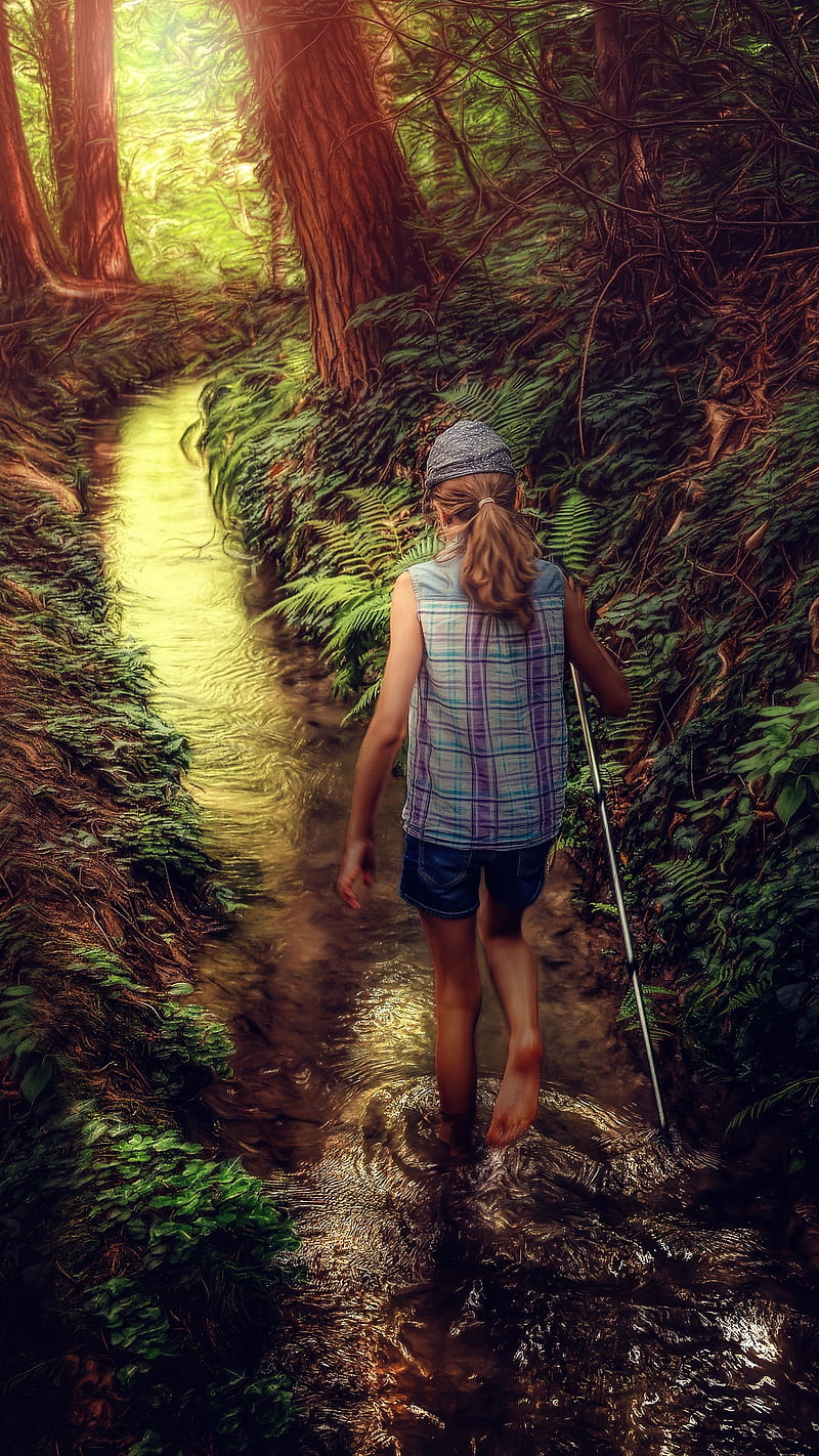 800x1422 In the forest, 3D, back, girl, nature, path, pathway, rear, walking, HD phone wallpaper