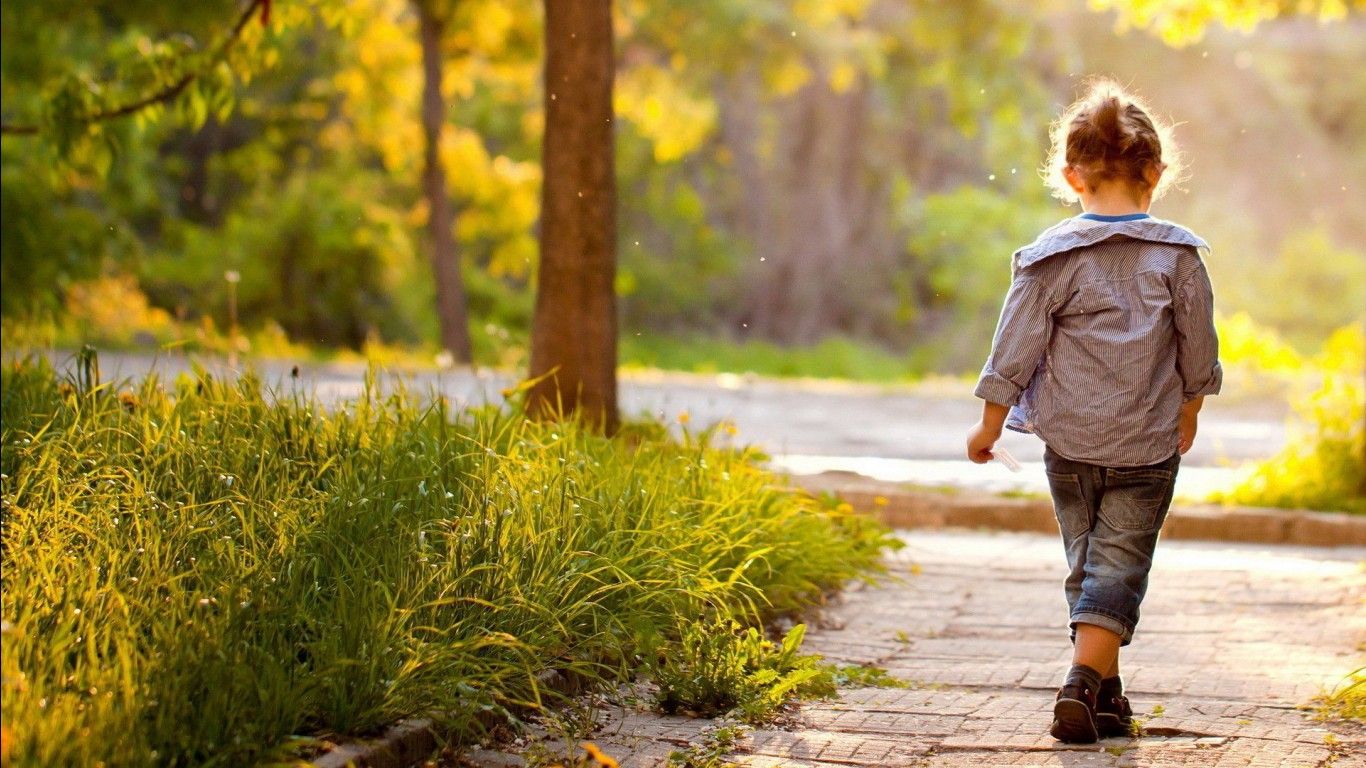 1366x768 Backside Of Cute Little Girl Is Walking On Path In Nature Background HD Cute Wallpaper