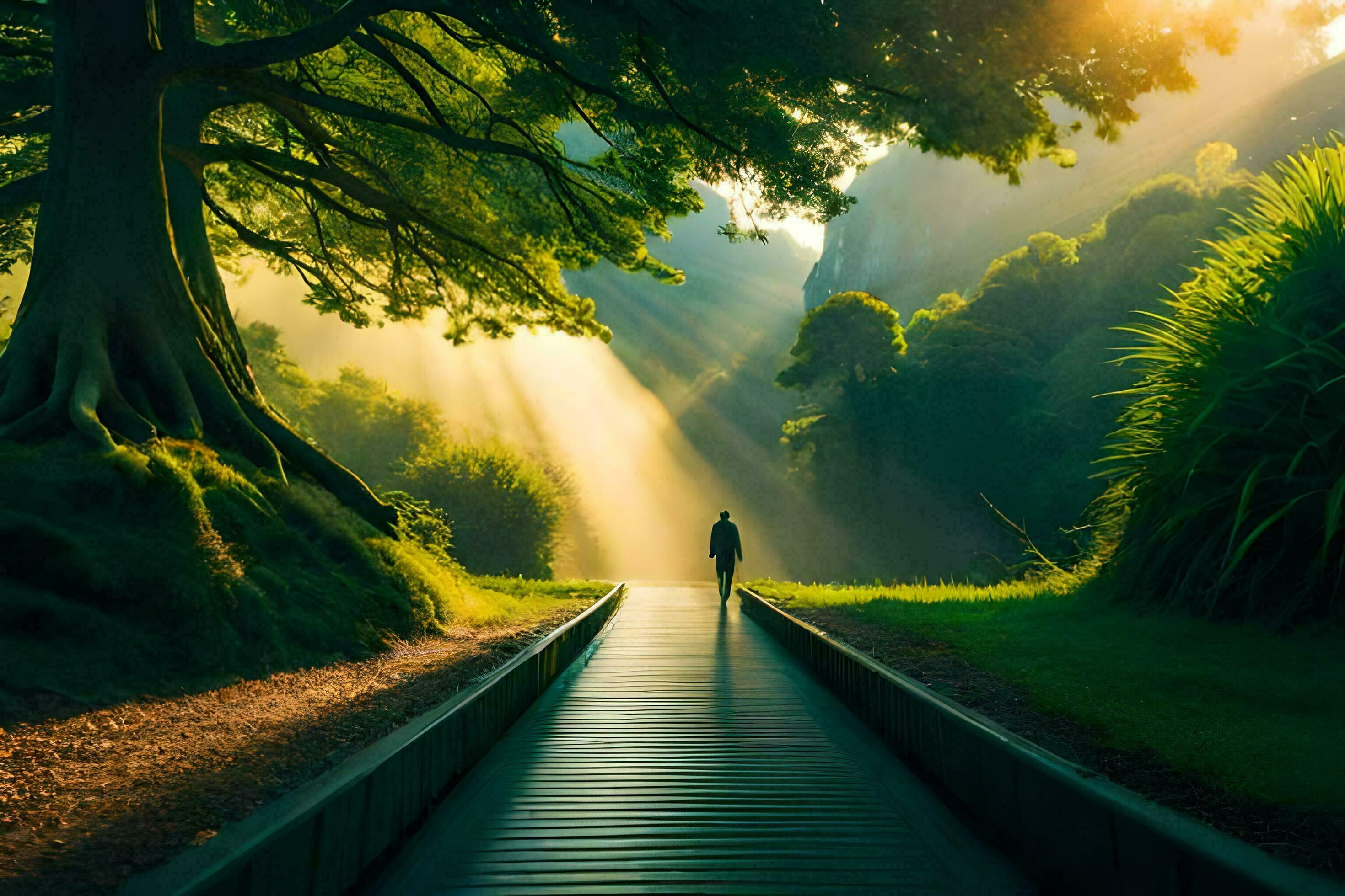 2940x1960 Photo Wallpaper The Sky, Trees, Path, Man, Sunrise, Light, The Sun, The. AI Generated