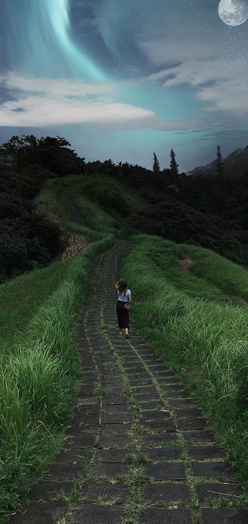 800x1689 Girl walking, nature, path, sky, hills, HD phone wallpaper
