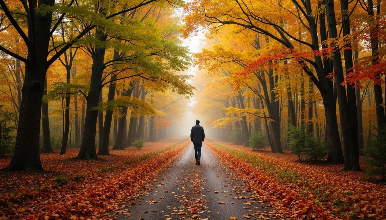 1344x768 Download Autumn Walk Alone Image, Leaves, Solitude