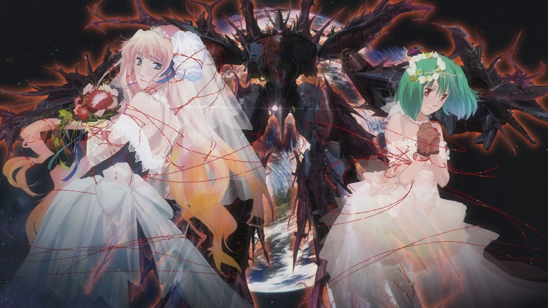 1920x1080 Wallpaper bouquet, the bride, wreath, veil, green hair, Macross Frontier, Ranka Lee, Sheryl Nome for mobile and desktop, section сёнэн, resolution 1920x1080