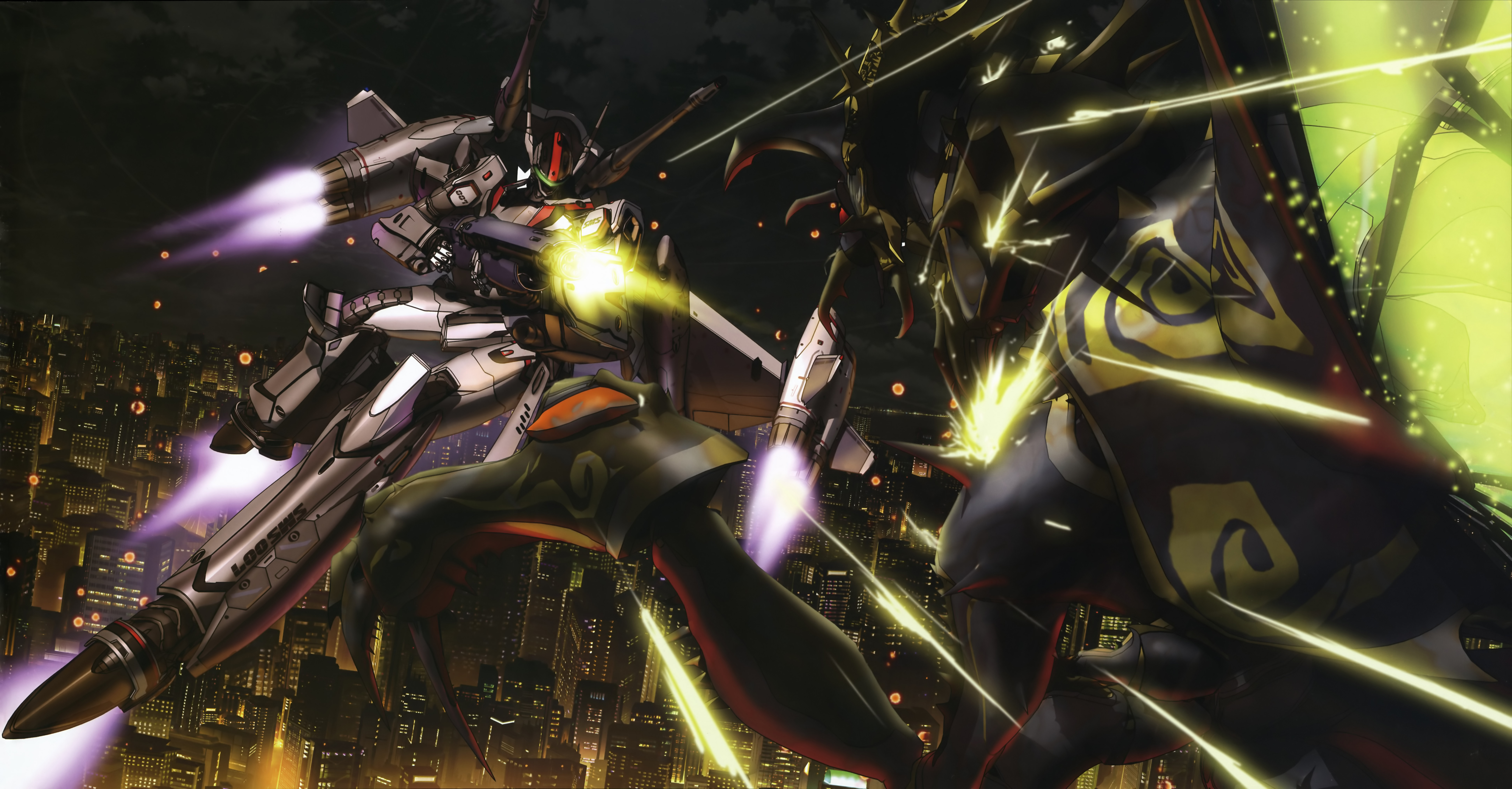 7763x4049 Wallpaper laser, fighting robots, by yuuko yamada, power, megapolis night lights city, armor, the battle, space for mobile and desktop, section сёнэн, resolution 7763x4049