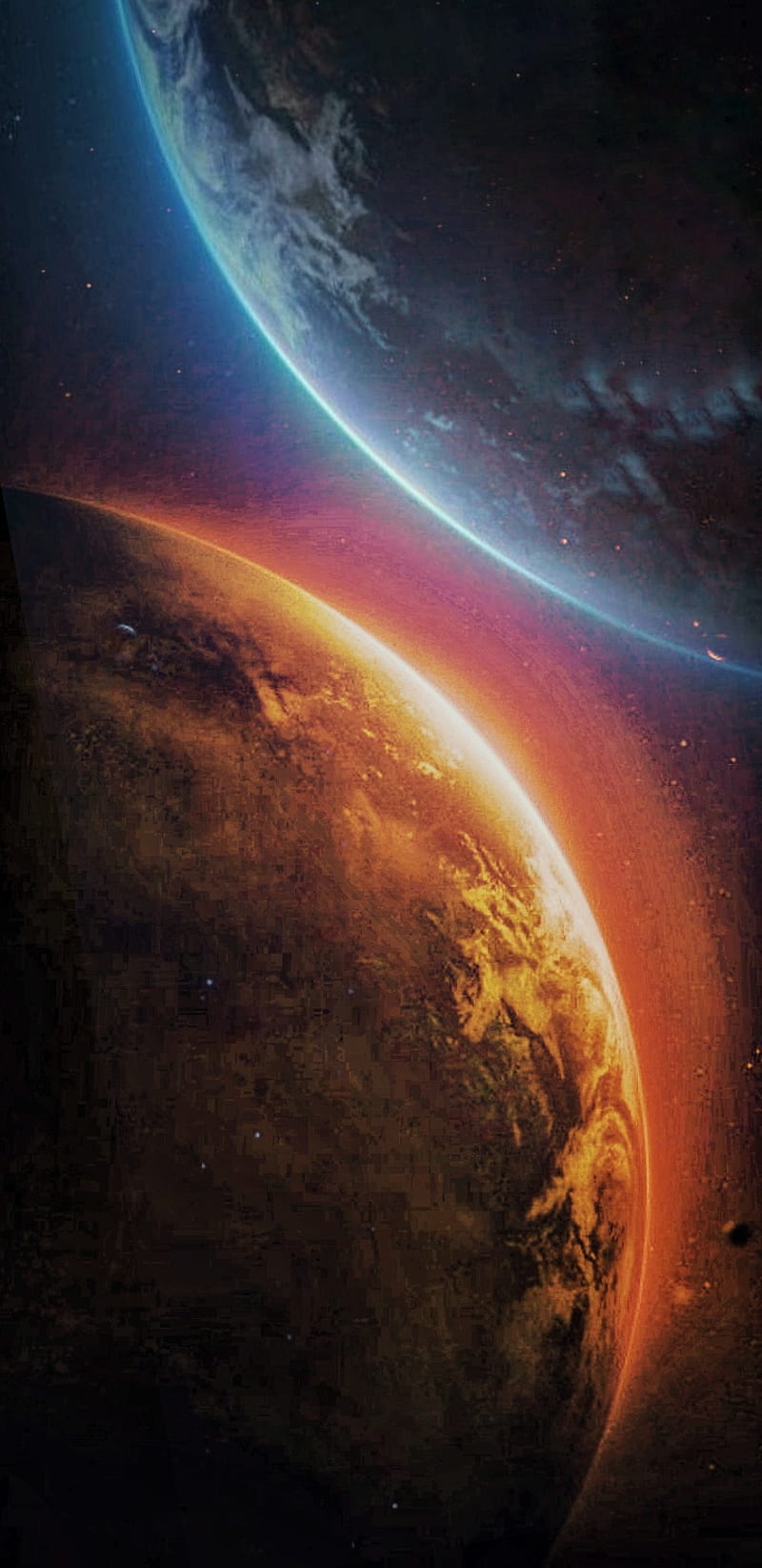 800x1644 Planet Collision, blue, collide, earth, nasa, ocean, orange, red, space, trees, HD phone wallpaper