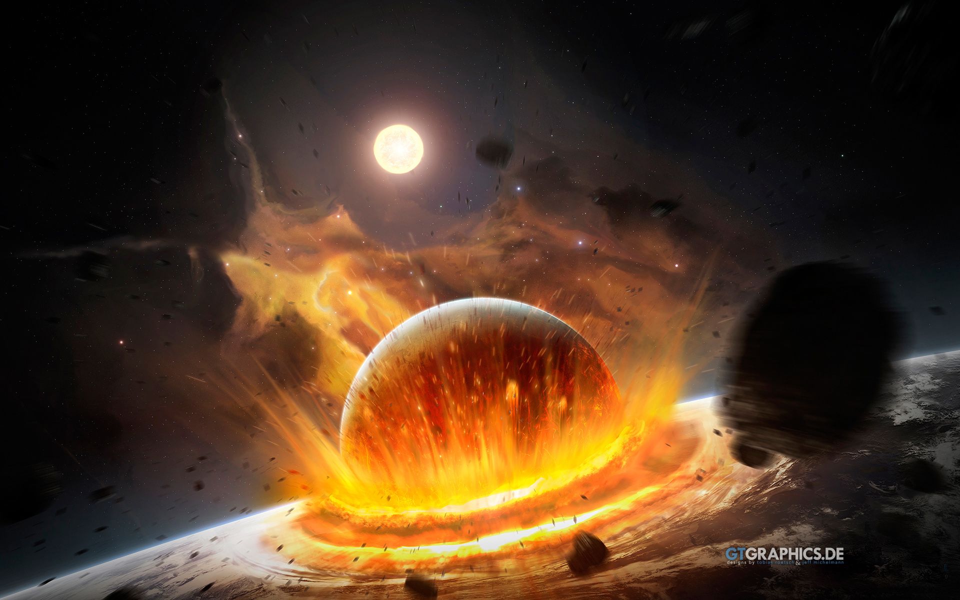 1920x1200 Cosmic Collision: HD Wallpaper of Asteroid Explosions and Planetary Mayhem