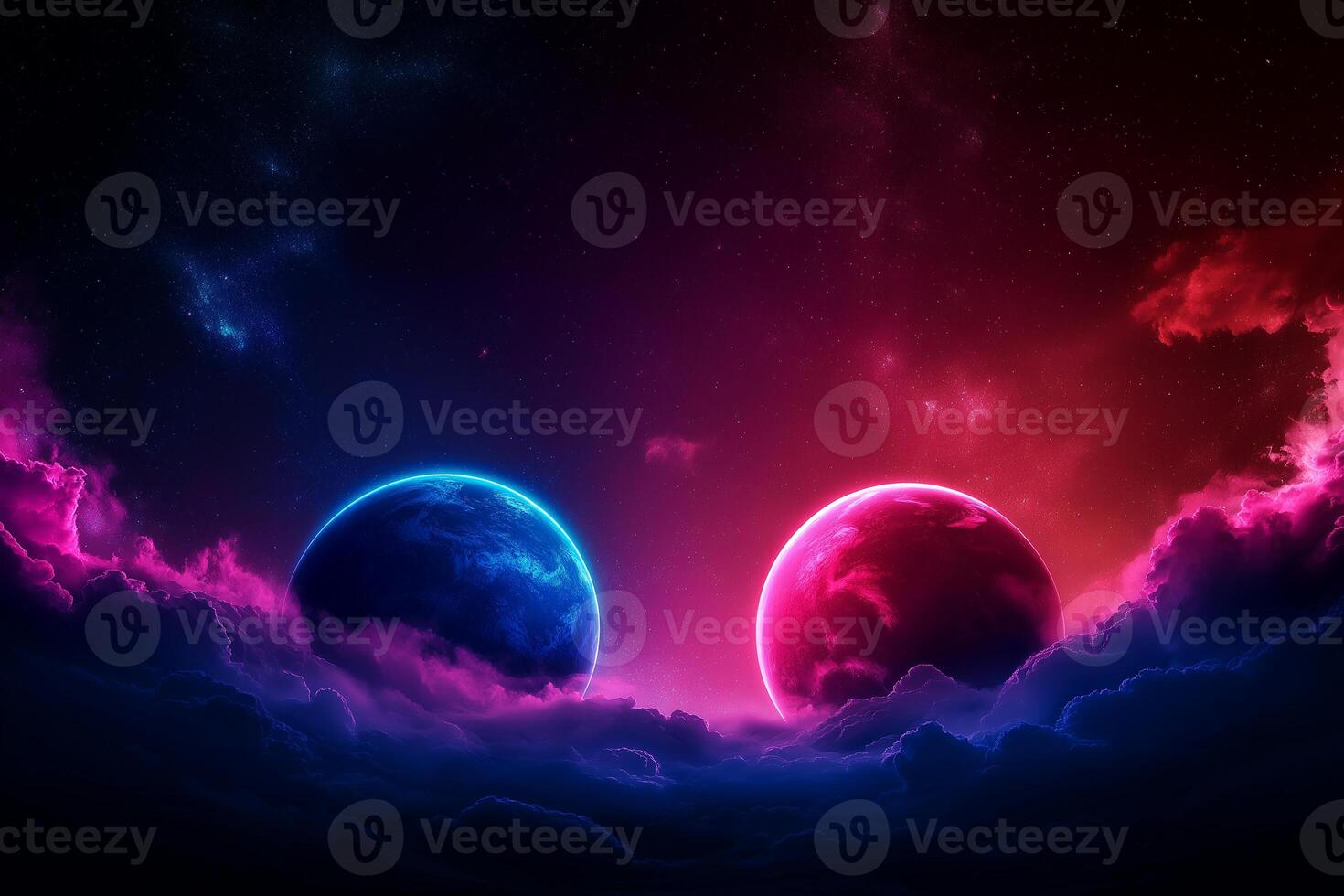 1470x980 Two planets colliding in cosmic scene, one blue and other red, surrounded by vibrant clouds and starry background, creating dramatic and colorful atmosphere