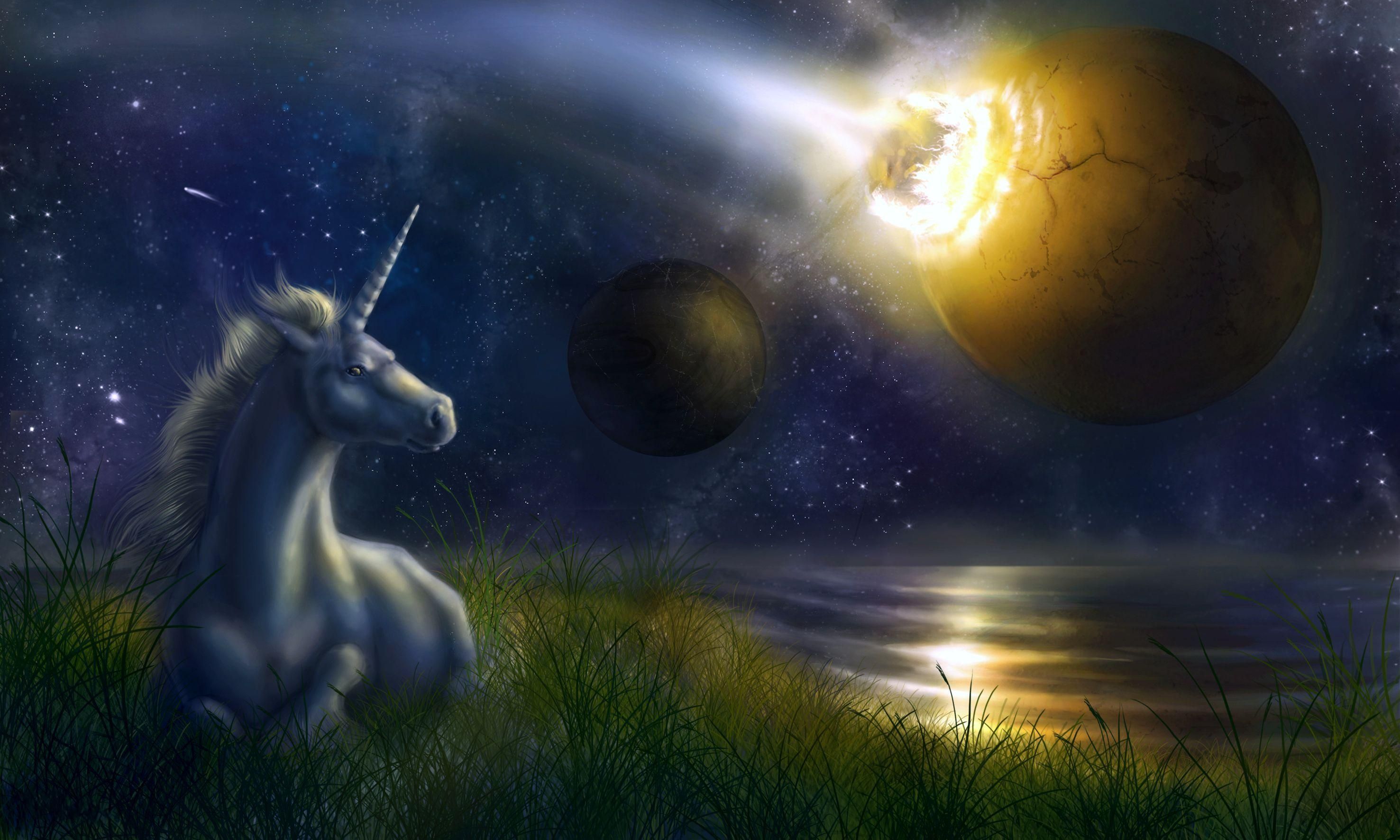 2953x1772 Phone wallpaper: Fantasy, Planets, Universe, Night, Unicorn, Collision 51497