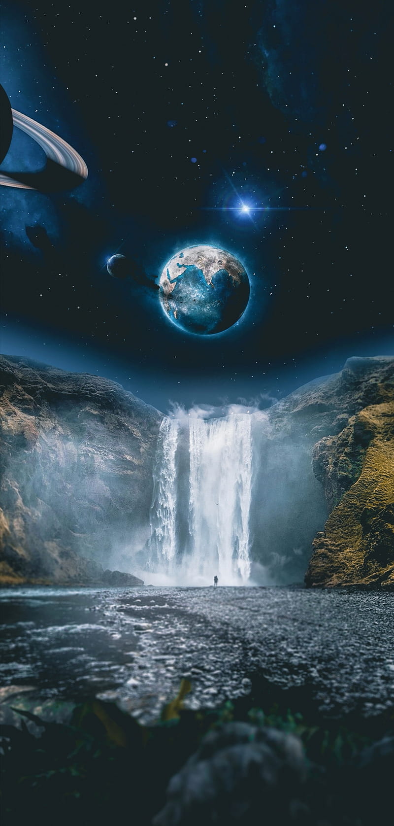 800x1676 Unknown Planet, collision, earth, lake, moon, planets, space, waterfal, HD phone wallpaper