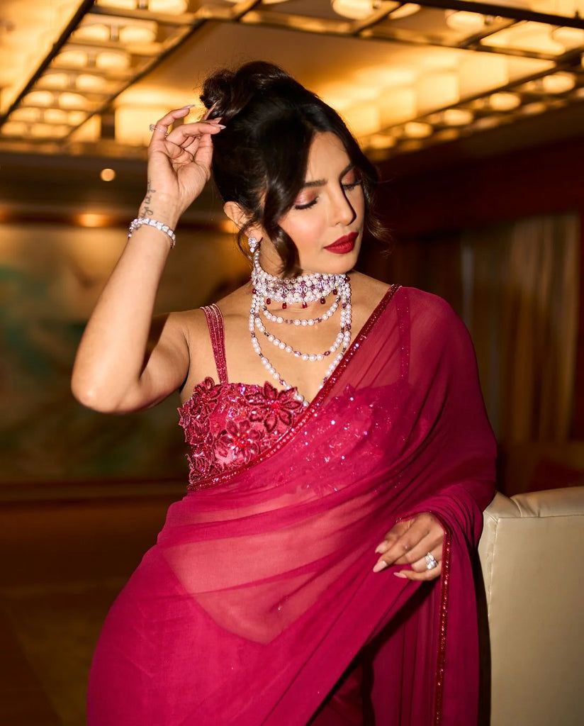 824x1024 Priyanka Chopra Jonas Radiates Elegance in a Sabyasachi Red Saree for