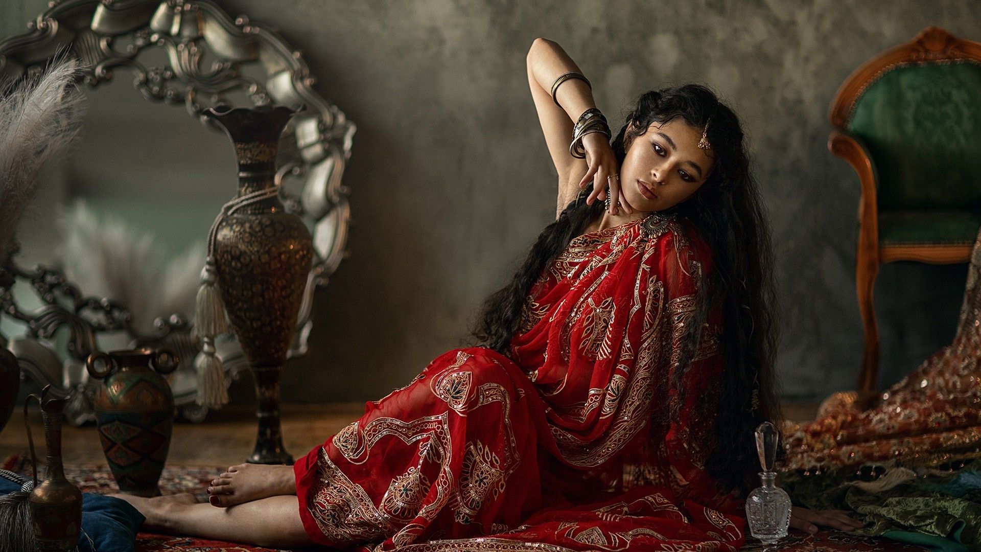 1920x1080 Red Wedding Saree Photohoot Girl Model Women Pose HD Girls Wallpaper