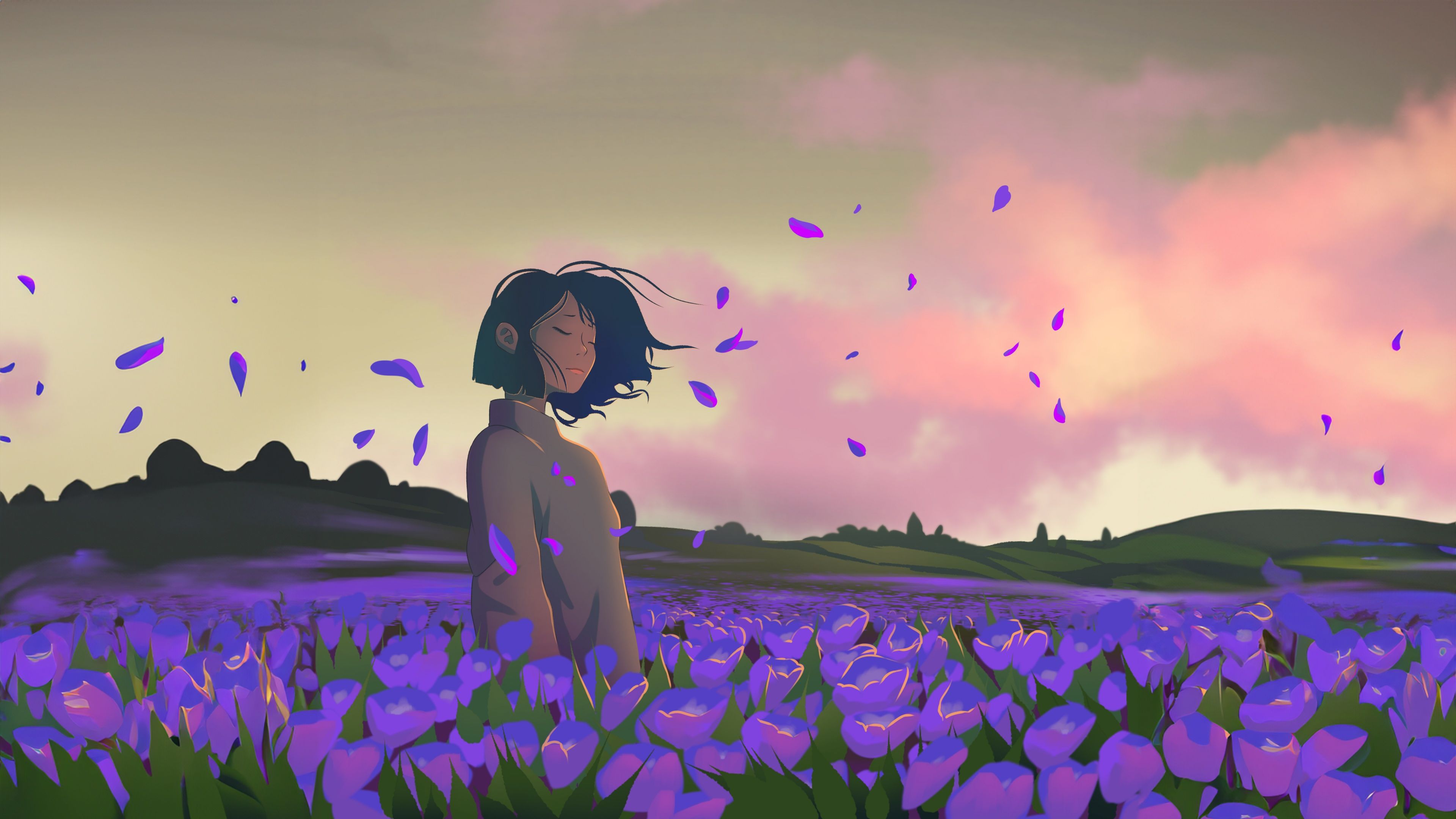 3840x2160 Lofi girl Wallpaper 4K, Lavender fields, 5K