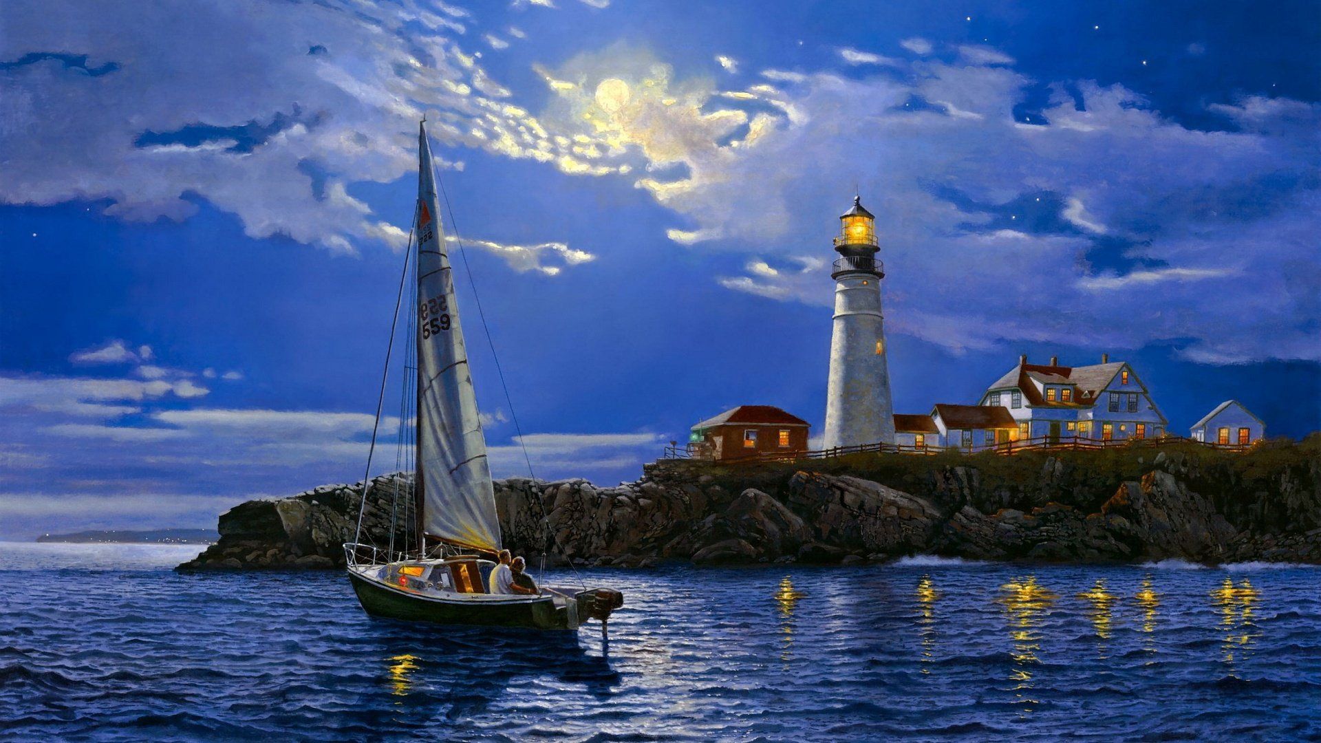 1920x1080 Sailboat Serenade: Artistic Lighthouse HD Wallpaper at Duskx1080