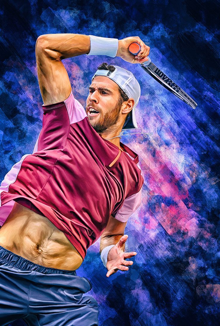 736x1091 Karen Khachanov plays forehand US Open 2022. Digital artwork print poster. Tennis fan art gift. ATP