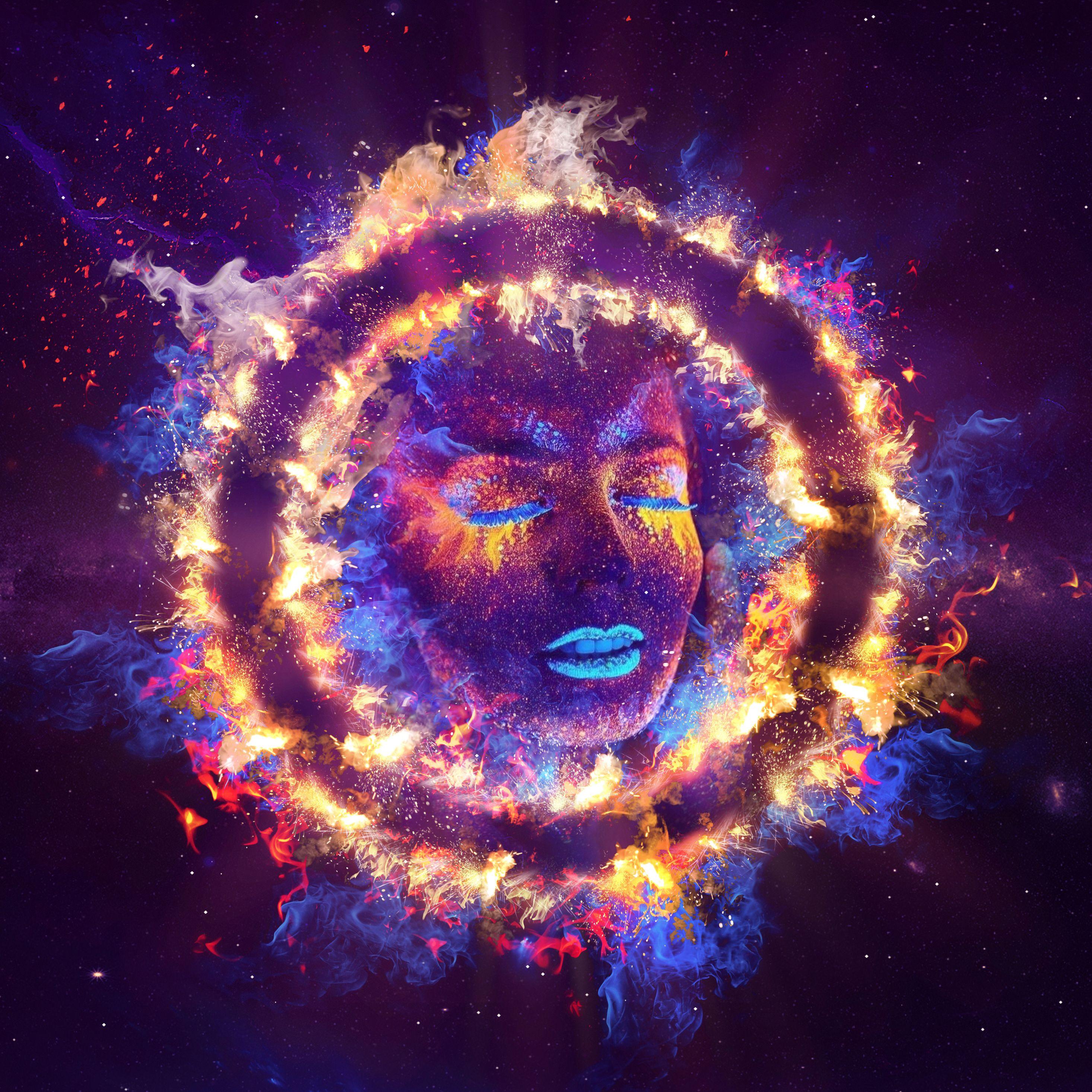 2932x2932 Women Closed Eyes Fire Neon Galaxy Art 5k iPad Pro Retina Display HD 4k Wallpaper, Image, Background, Photo and Picture