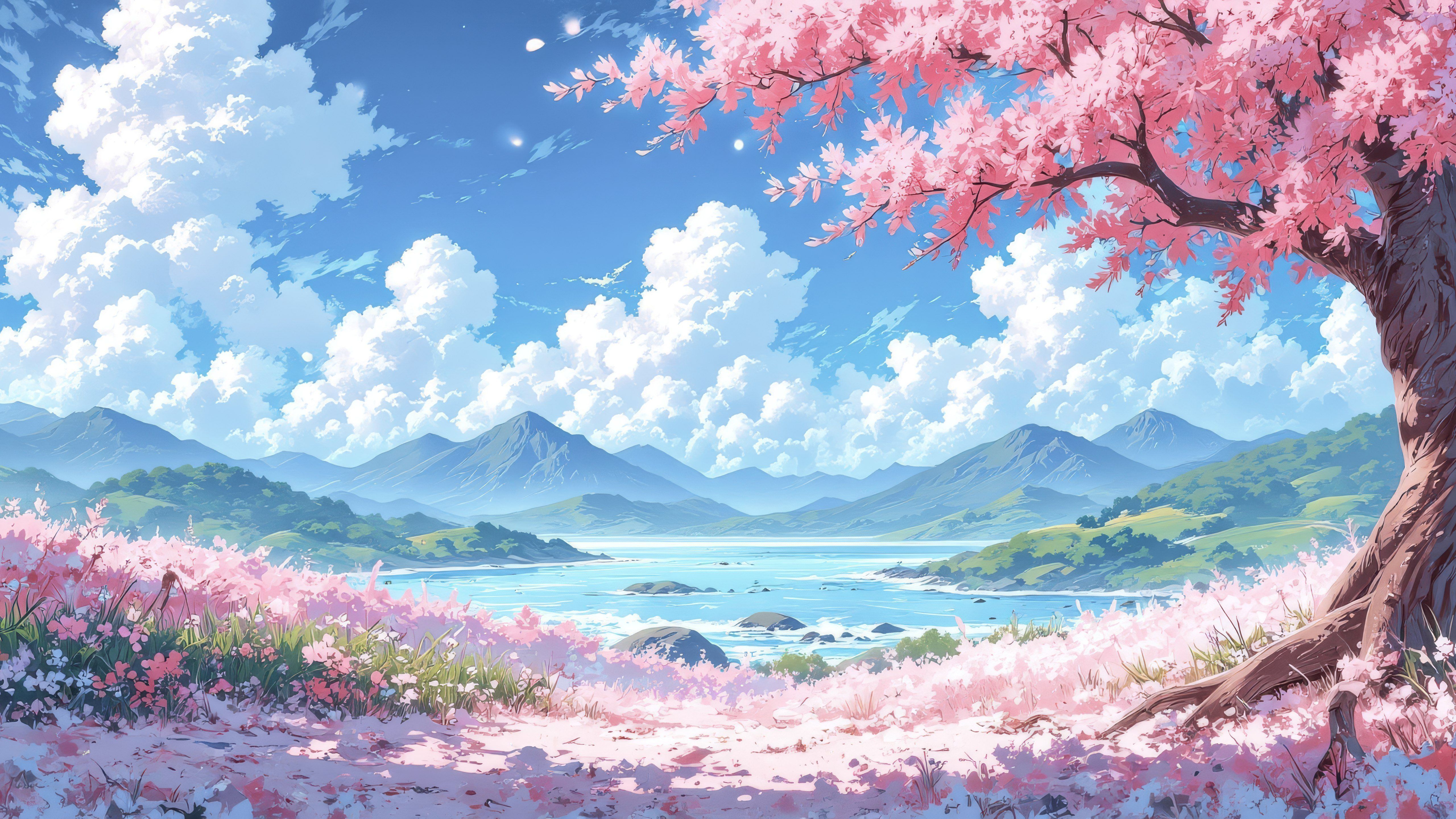 5120x2880 Small coastal landscape in spring Anime Aesthetic Wallpaper 4K for Desktop