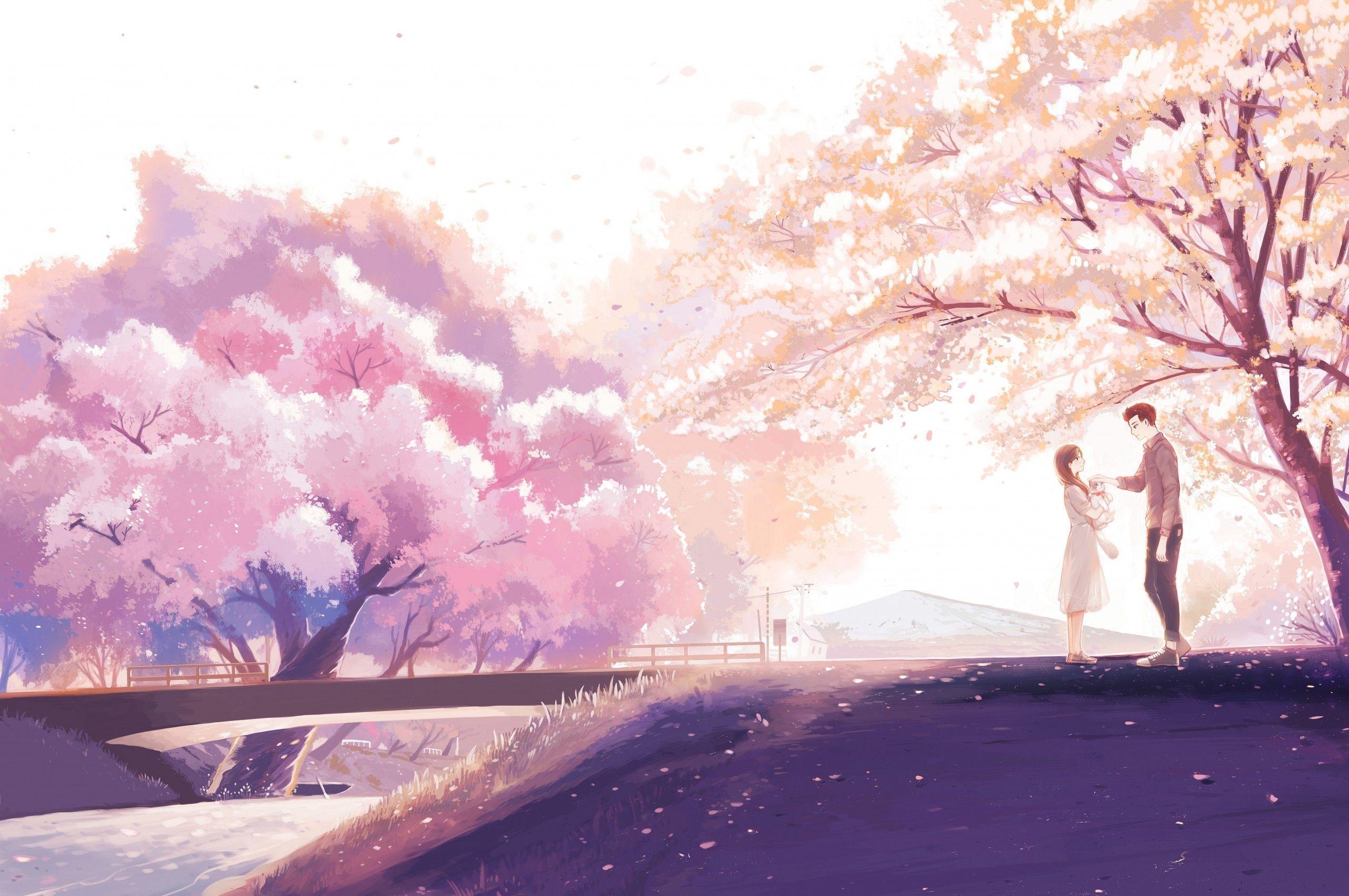 2560x1700 Download 2560x1700 Anime Couple, Scenic, Romance, Sakura Blossom, Anime Landscape Wallpaper for Chromebook Pixel
