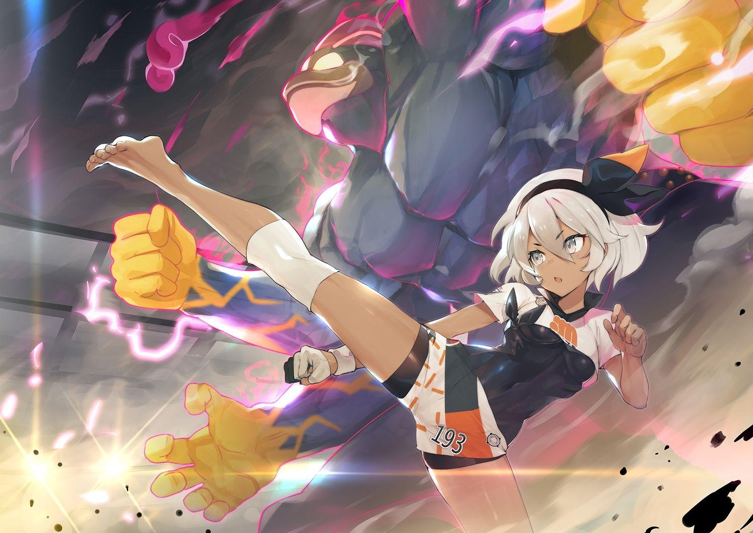 1500x1061 barefoot bodysuit dark skin gloves gray eyes gray hair headband khanshin kick machamp pokemon saitou (pokemon) short hair skintight wristwear. konachan.com.com Anime Wallpaper