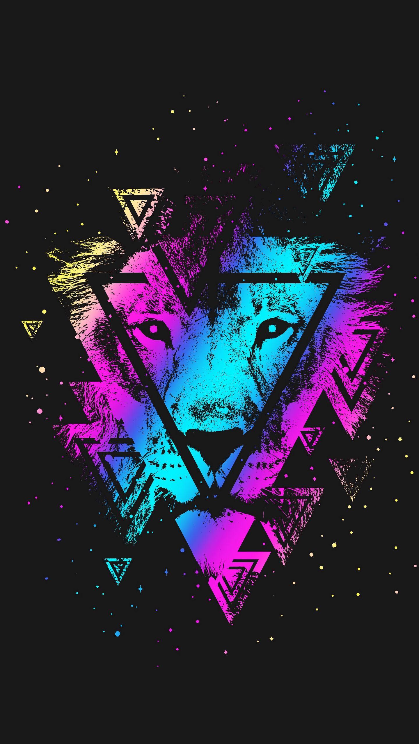 1440x2560 Wallpaper Lion, Colorful, Triangle, Art, Muzzle Lion HD Wallpaper iPhone