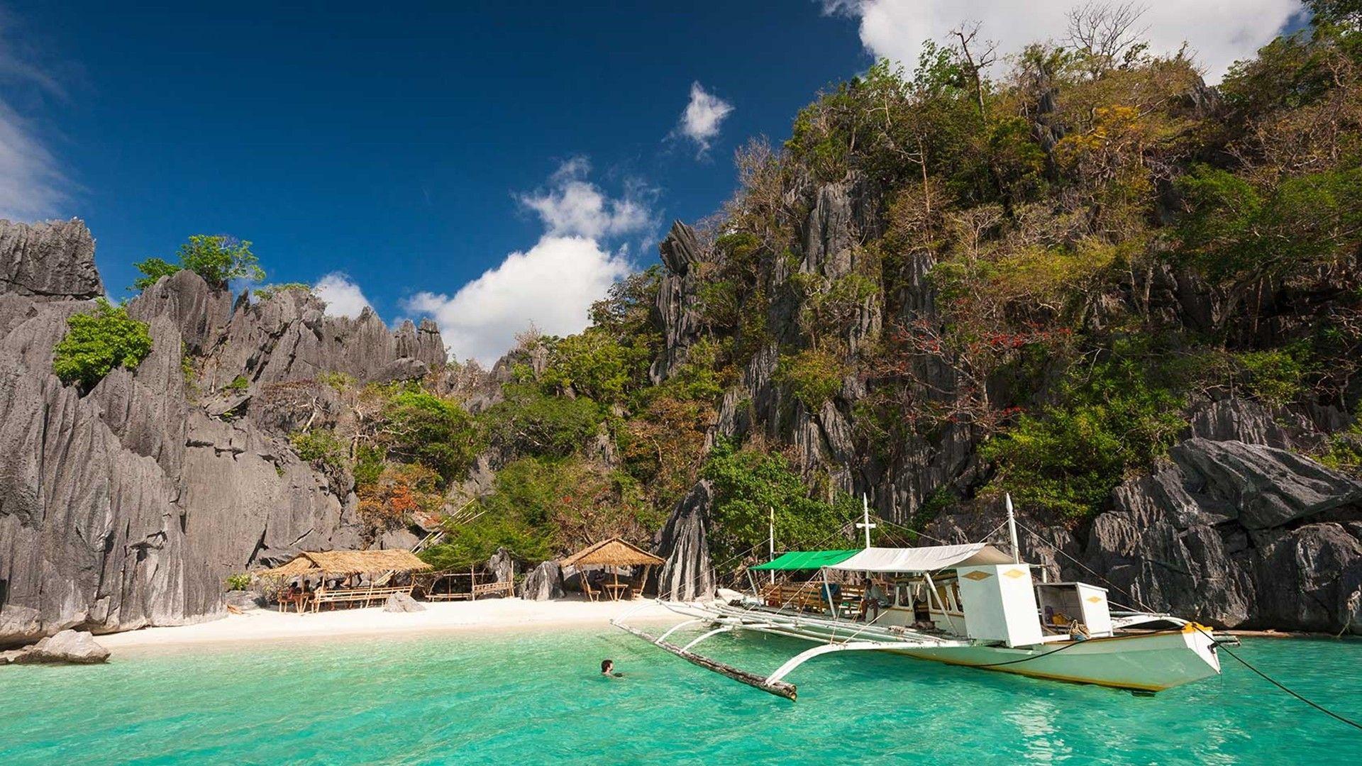 1920x1080 Beaches: Trees Philippines Little Turquoise Palawan Boat Sea Beach