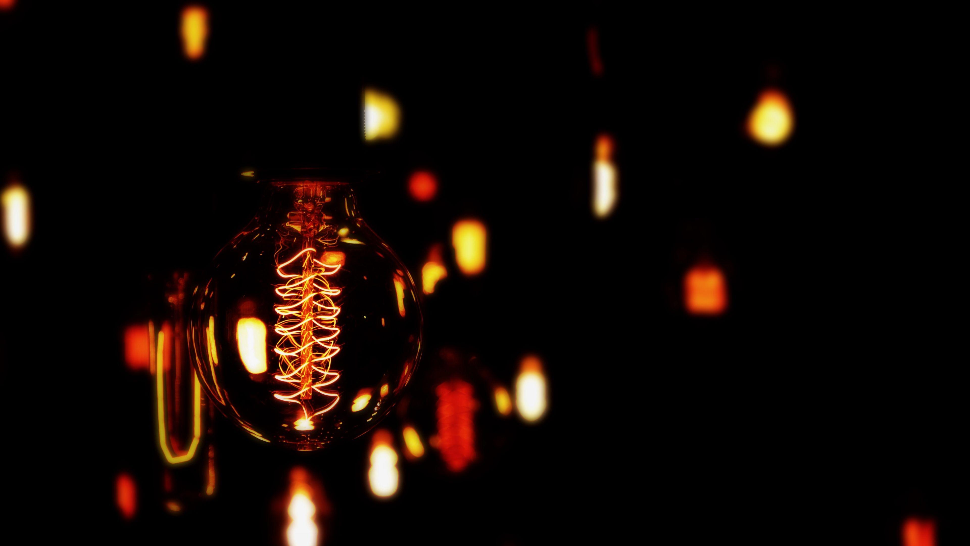 3840x2160 Wallpaper 4k lightbulb, electricity, dark, spiral, bokeh 4k Dark, electricity, lightbulb
