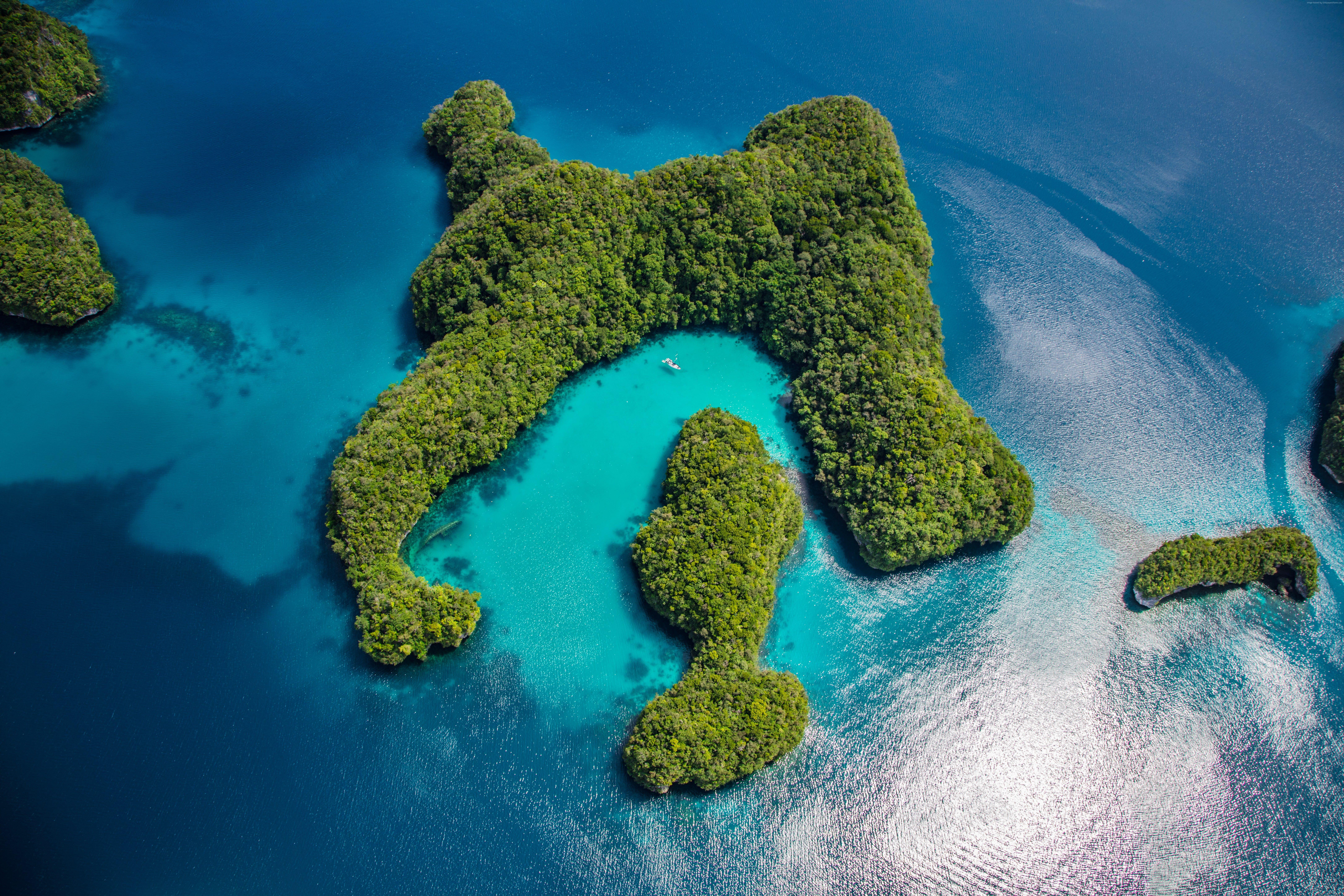 8688x5792 Aerial photography of green island with blue sea HD wallpaper