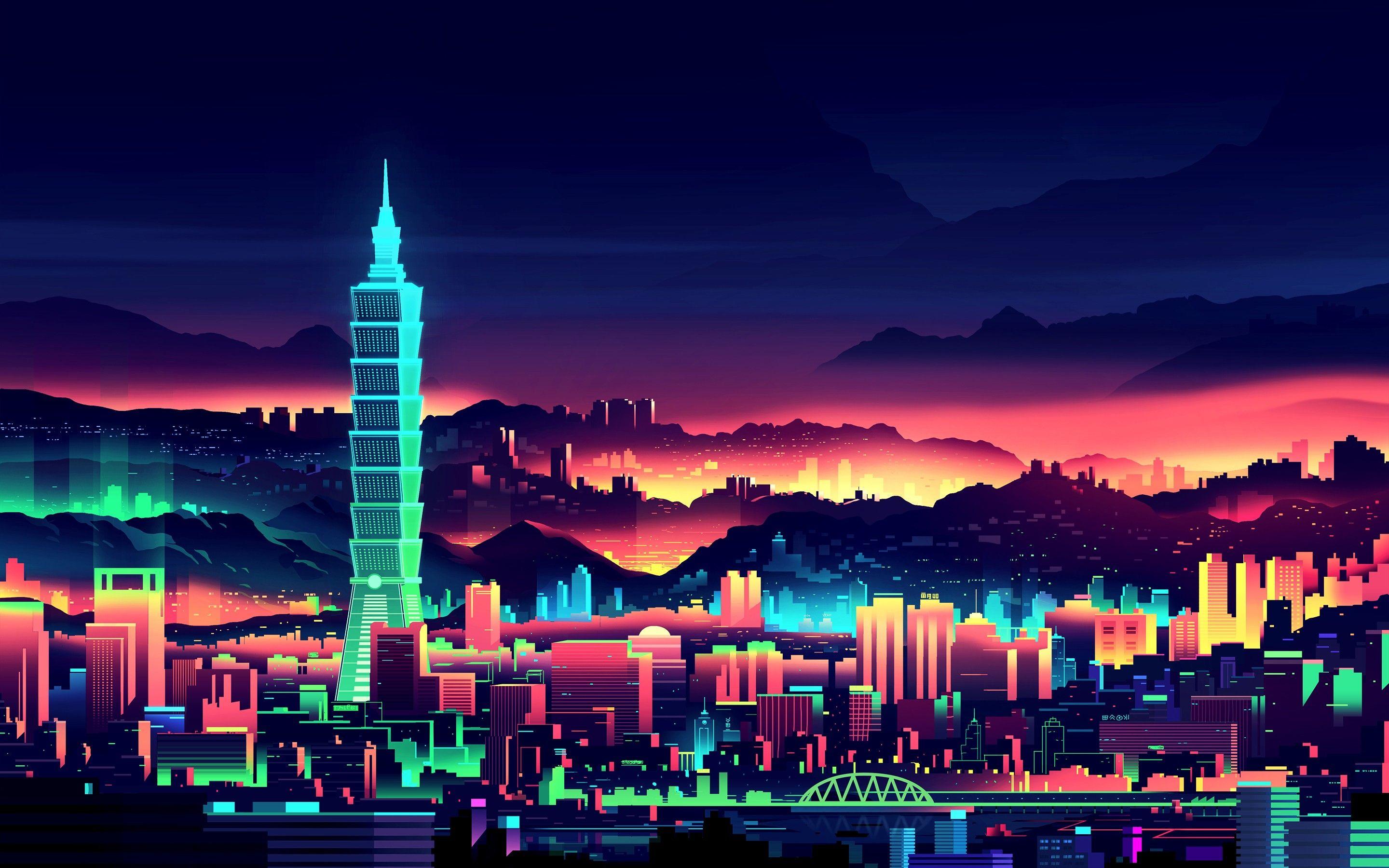 2880x1800 #architecture, #building, #Taipei, #Taiwan, #lights, #drawing, #cityscape, #neon, #digital art, #artwork, #night, #Romain Trystam, #city, #Taipei wallpaper HD Wallpaper