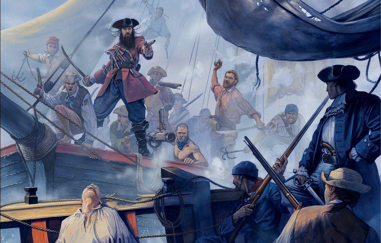 1332x850 Wallpaper weapons, figure, battle, art, pirates, capture, muskets, pistols, cleaver, Edward Teach, arquebus, 1718 year, Board, the sloop Adventure, grappling hooks, Blackbeard image for desktop, section живопись